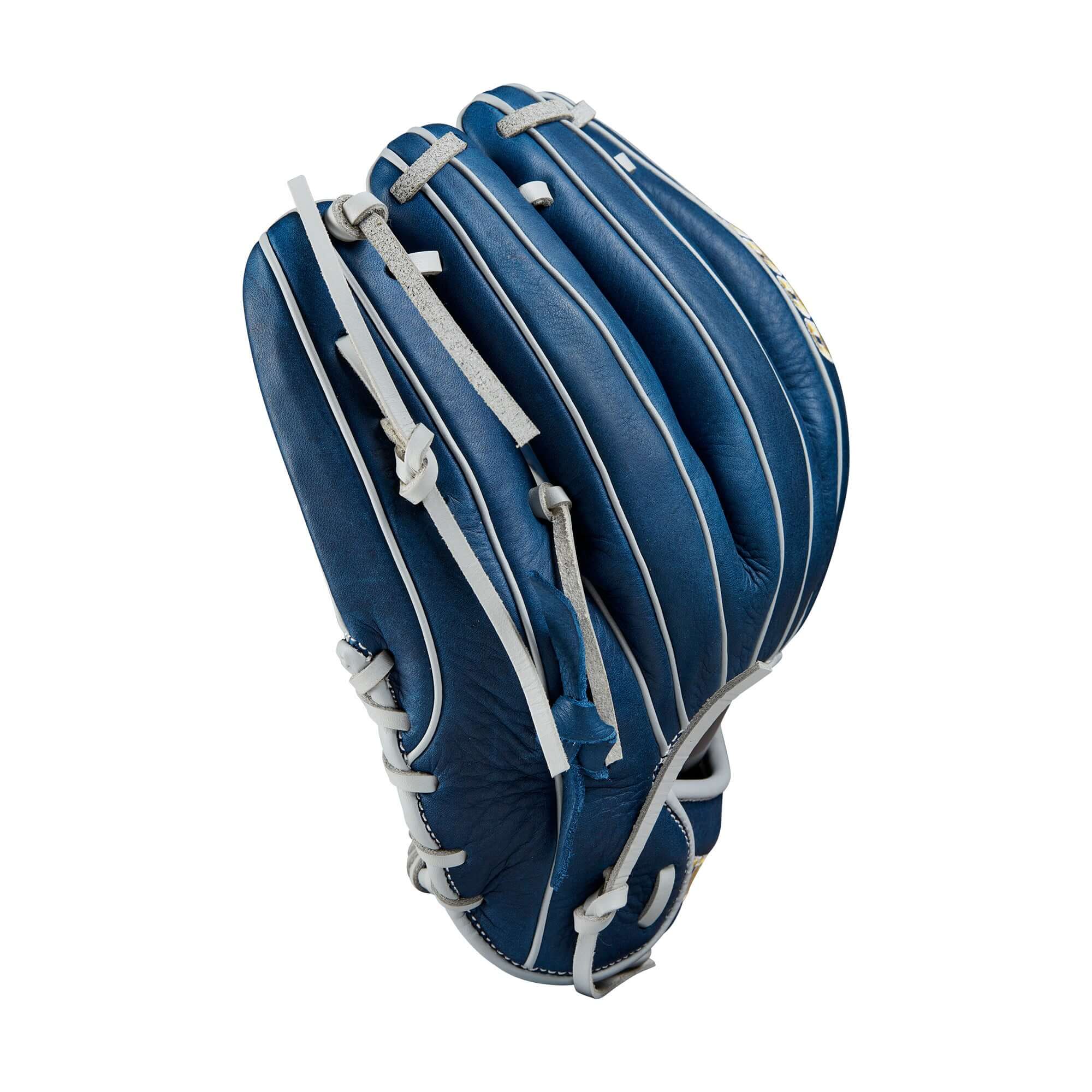 Wilson 2024 A1000 DP15 11.5” infield baseball glove in navy, silver, and yellow, designed for travel ball players.