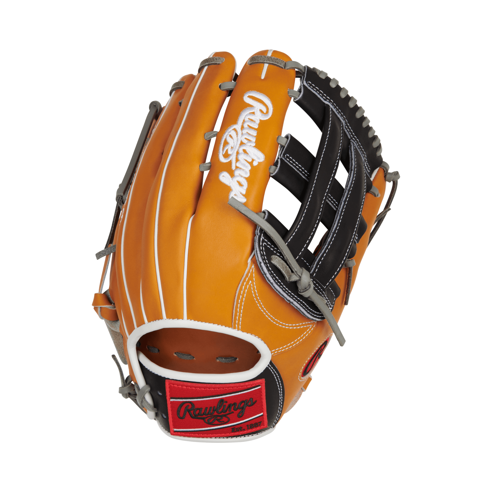 Rawlings August 2022 Gold Glove Club RGGC 12.75 inch outfield glove in orange and black, made from Heart of the Hide leather.