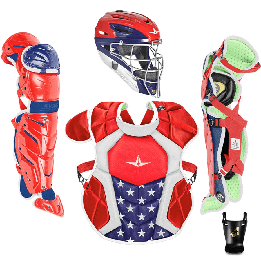 All-Star S7 Axis catching kit featuring mask, chest protector, and leg guards in USA colors for youth ages 12-16.