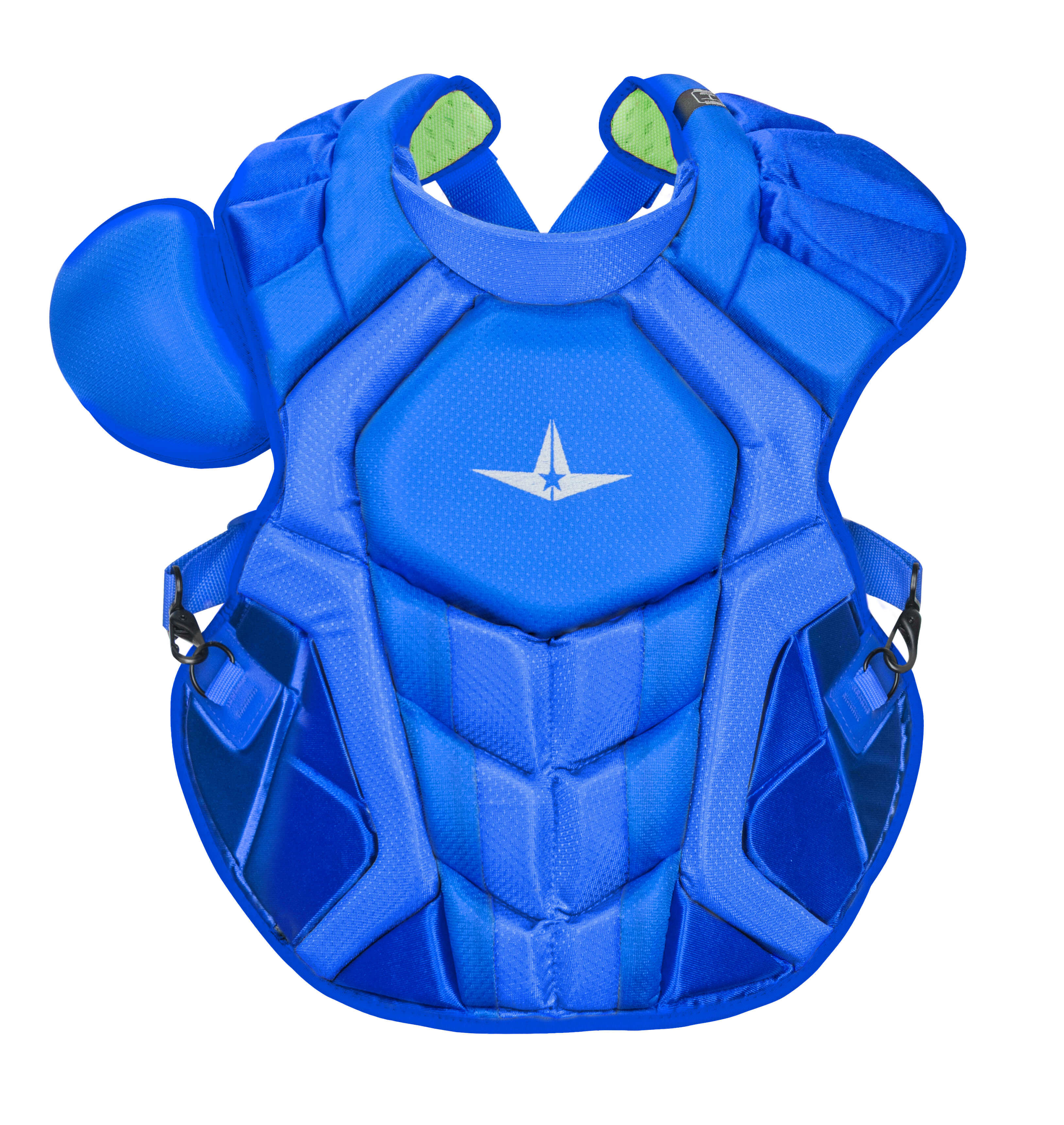 All-Star S7 Chest Protector in vibrant blue, featuring NOCSAE compliance, protective padding, and breathable design.
