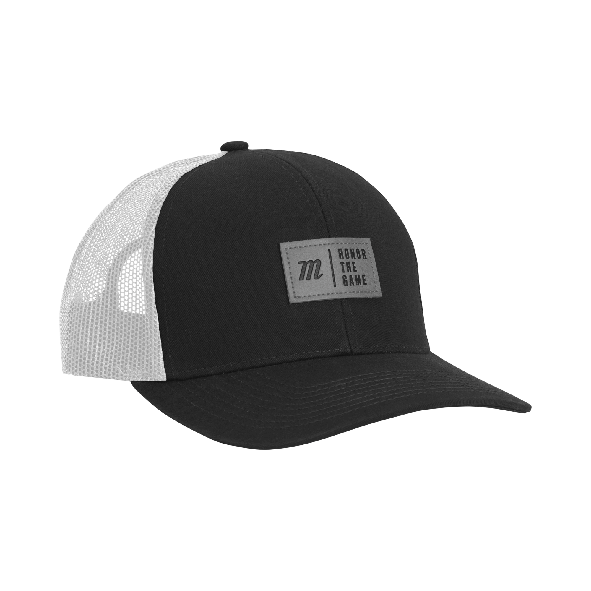 Marucci Honor the Game Patch Snapback Trucker Cap in Black and White, featuring a leather patch and adjustable snapback design.