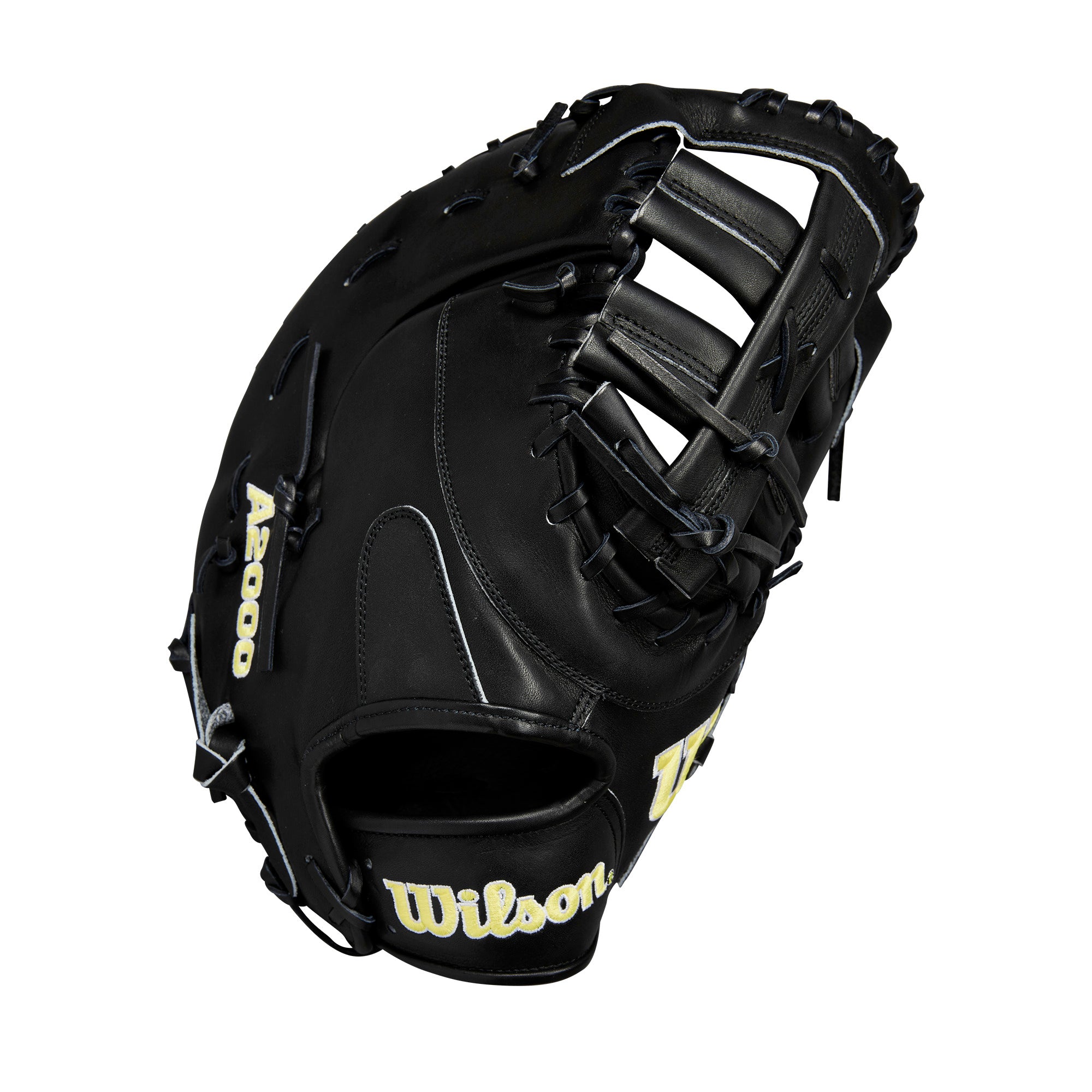 Wilson 2024 A2000 1679 Glove Day Black 12.5” LHT mitt palm view with deep pocket for scooping throws.