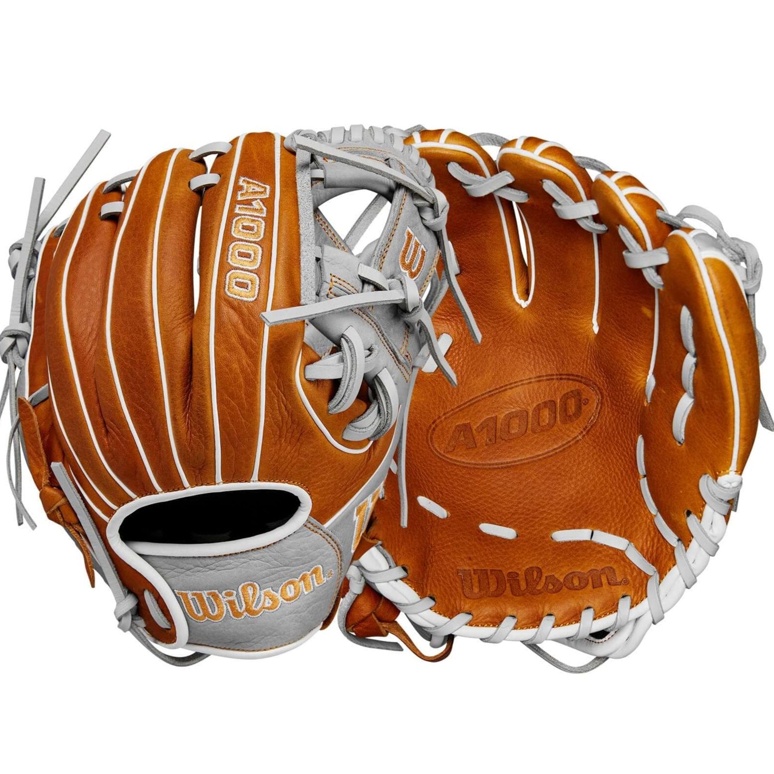 Wilson 2024 A1000 PF11 infield baseball glove in saddle tan and silver, designed for smaller hands, 11 inches.