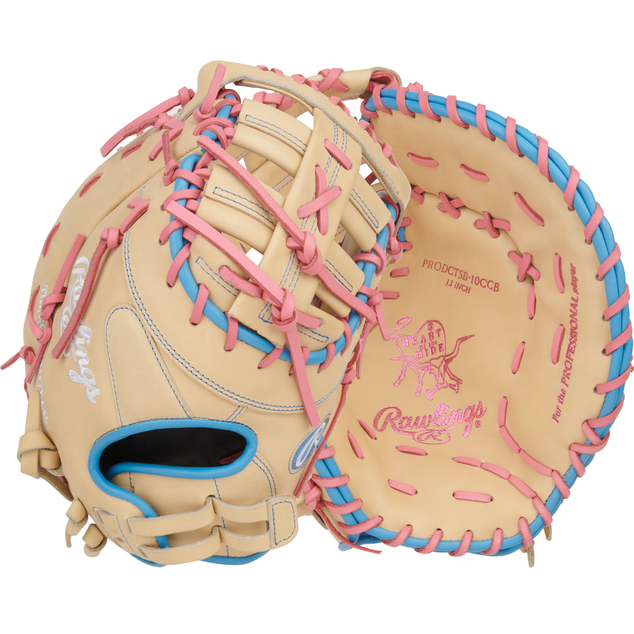Rawlings Heart of the Hide Series First Base Mitt Softball Glove 13" Camel/Pink/Col. Blue LHT