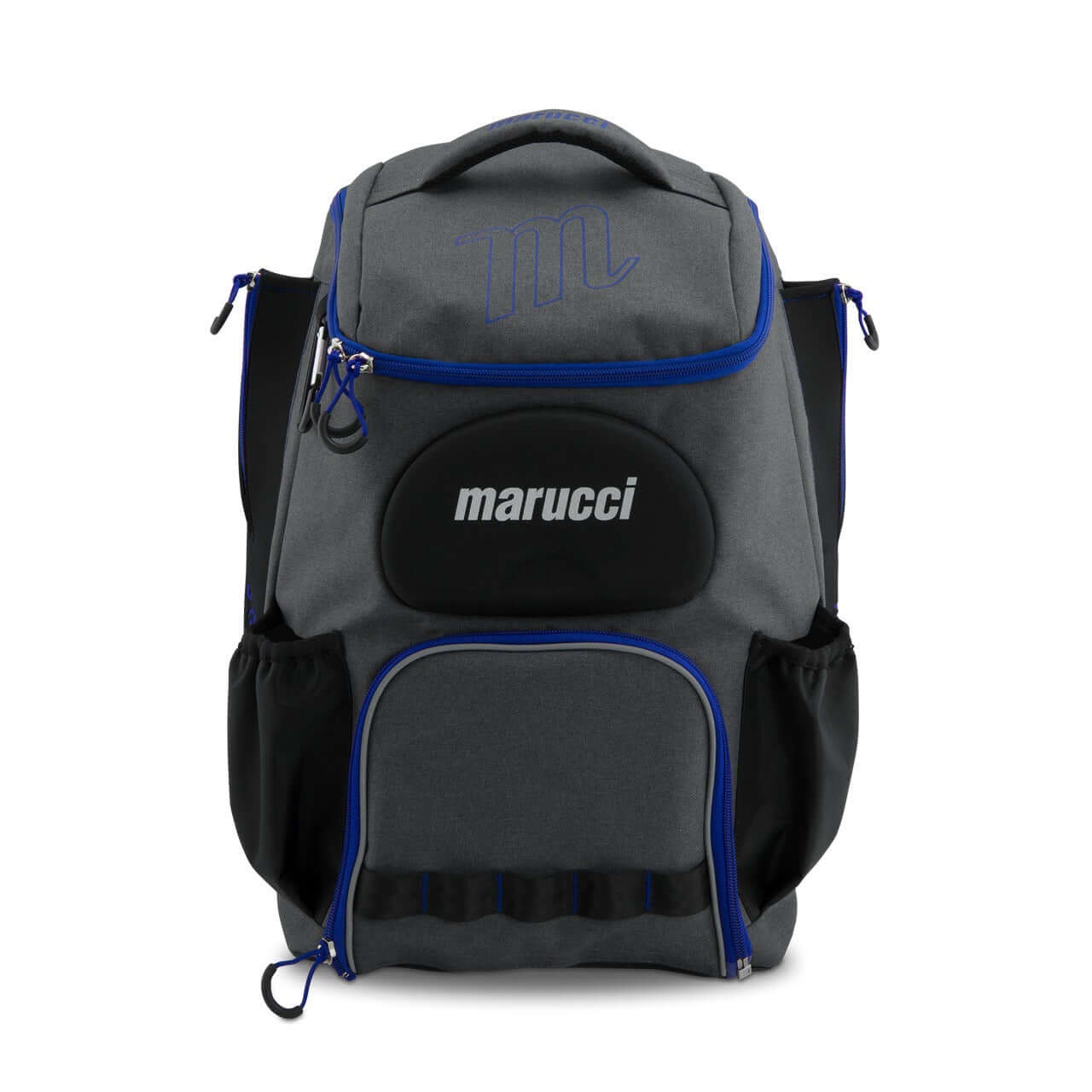 Marucci Charge Bat Pack in gray and royal blue, featuring multiple compartments for gear storage and a padded back for comfort.
