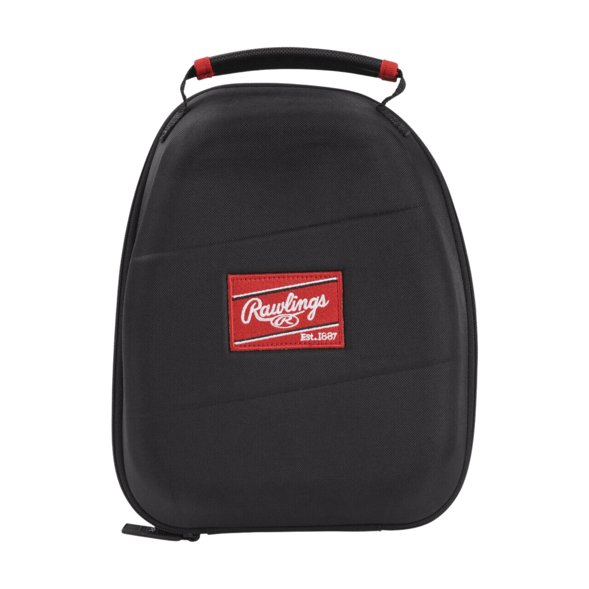 Rawlings Glove Crib case in black with red logo, featuring a molded EVA design and comfortable carrying handle.