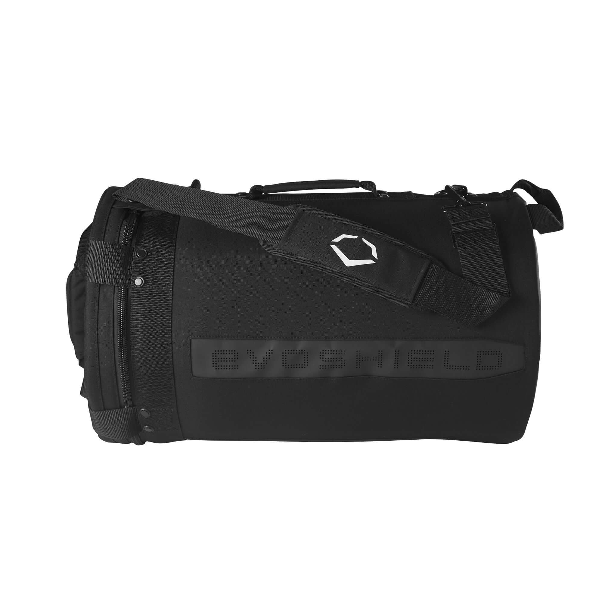 EvoShield black ball bag with durable nylon, shoulder strap, and side handles for easy transport of baseballs and softballs.
