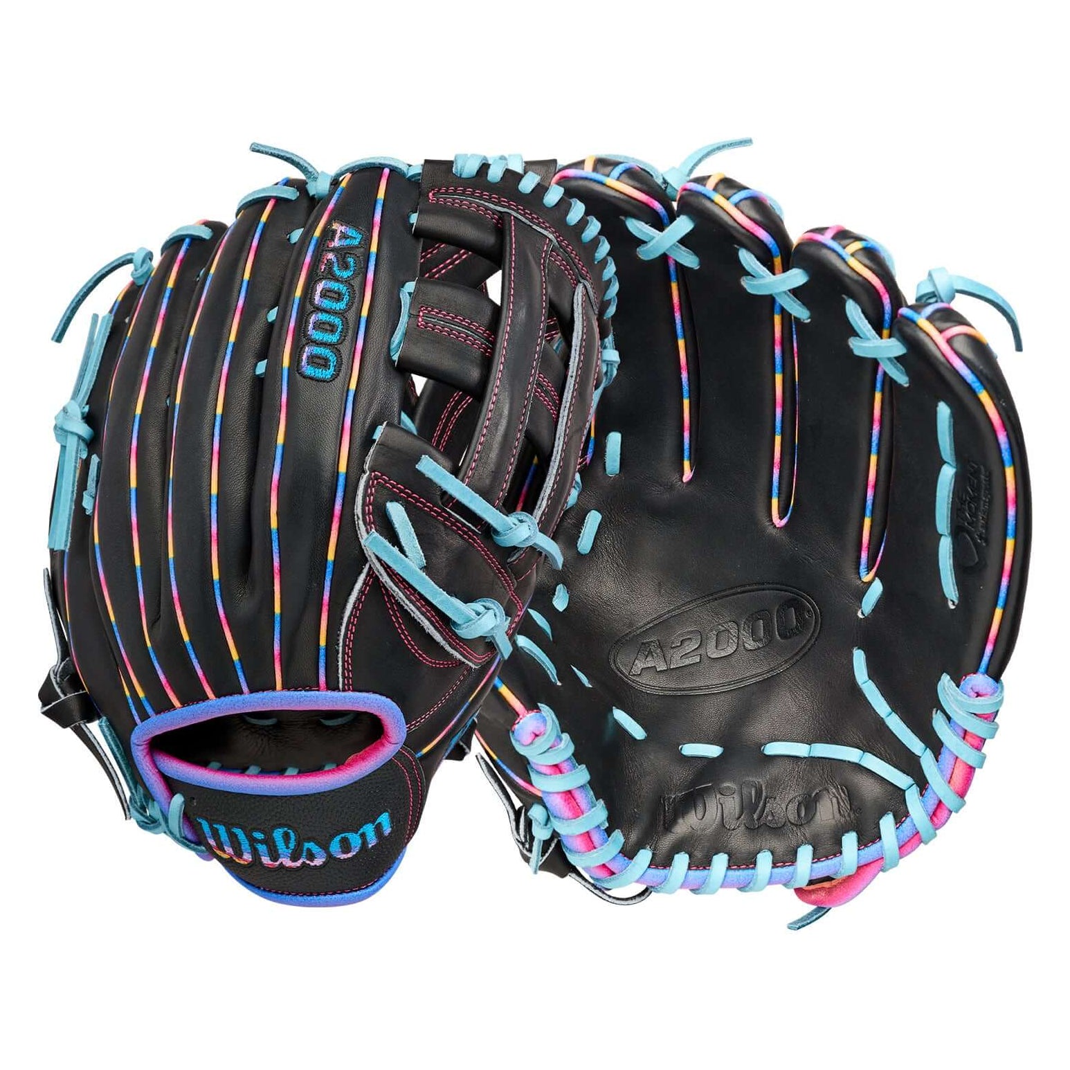 Wilson 2026 Love the Moment 1750 12.5” Outfield Baseball Glove LHT, palm and backhand view, black with blue lacing