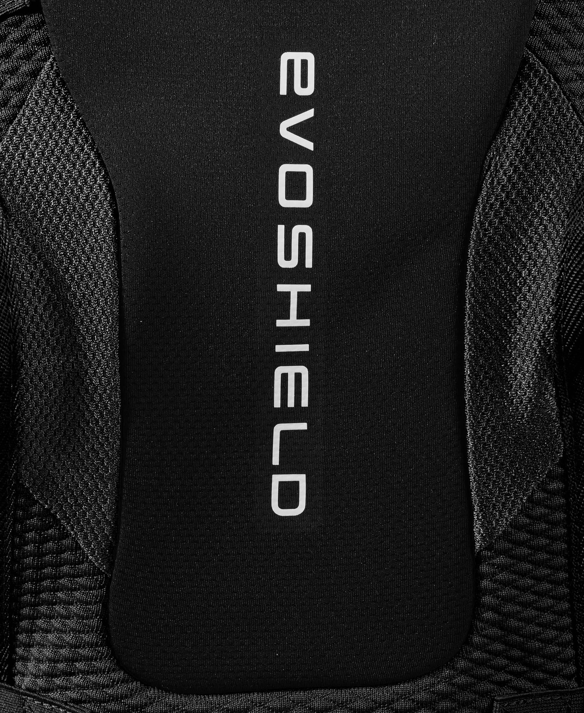 Evoshield Pro-SRZ 2.0 Baseball Catcher's Chest Protector close-up showing the logo and material texture.