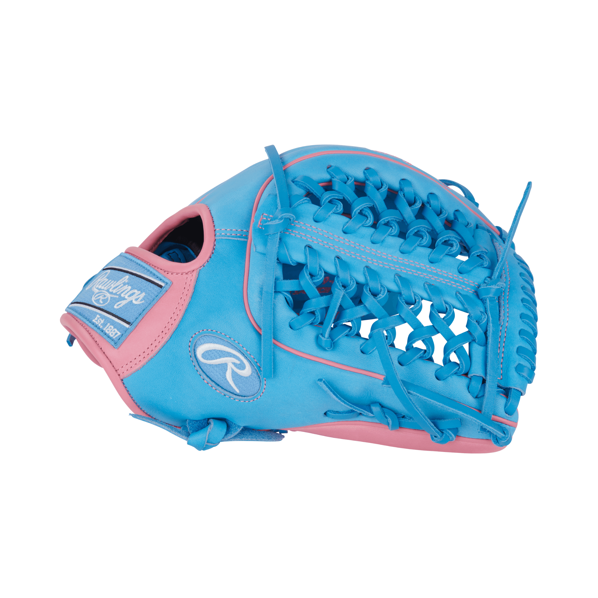 Close-up of thumb area on Rawlings Heart of the Hide 12.75" Columbia Blue/Pink glove with padded thumb sleeve for comfort