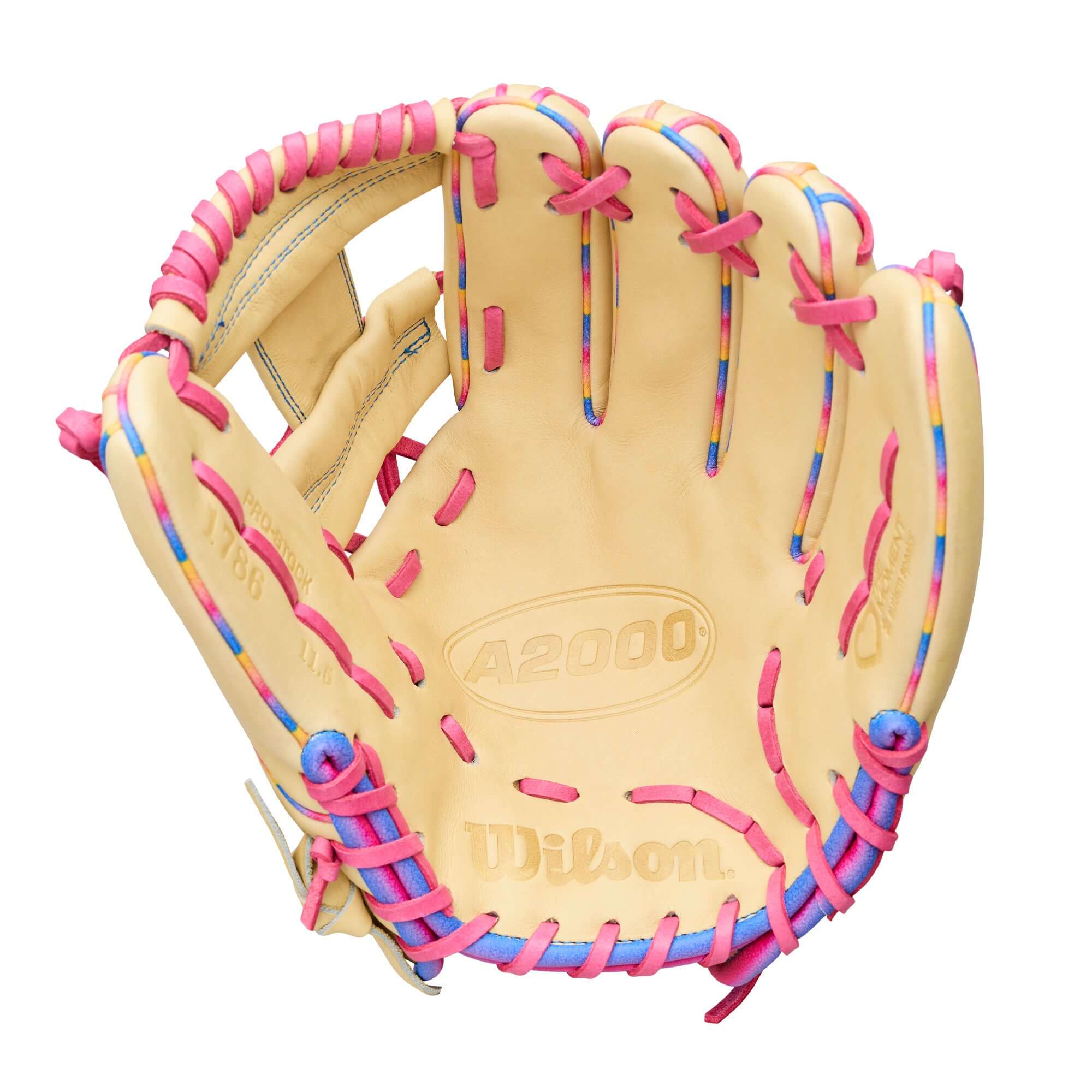 Wilson 2026 Love the Moment A2000 1786 11.5" Infield Baseball Glove with pink and blue lacing for fast-handed infielders