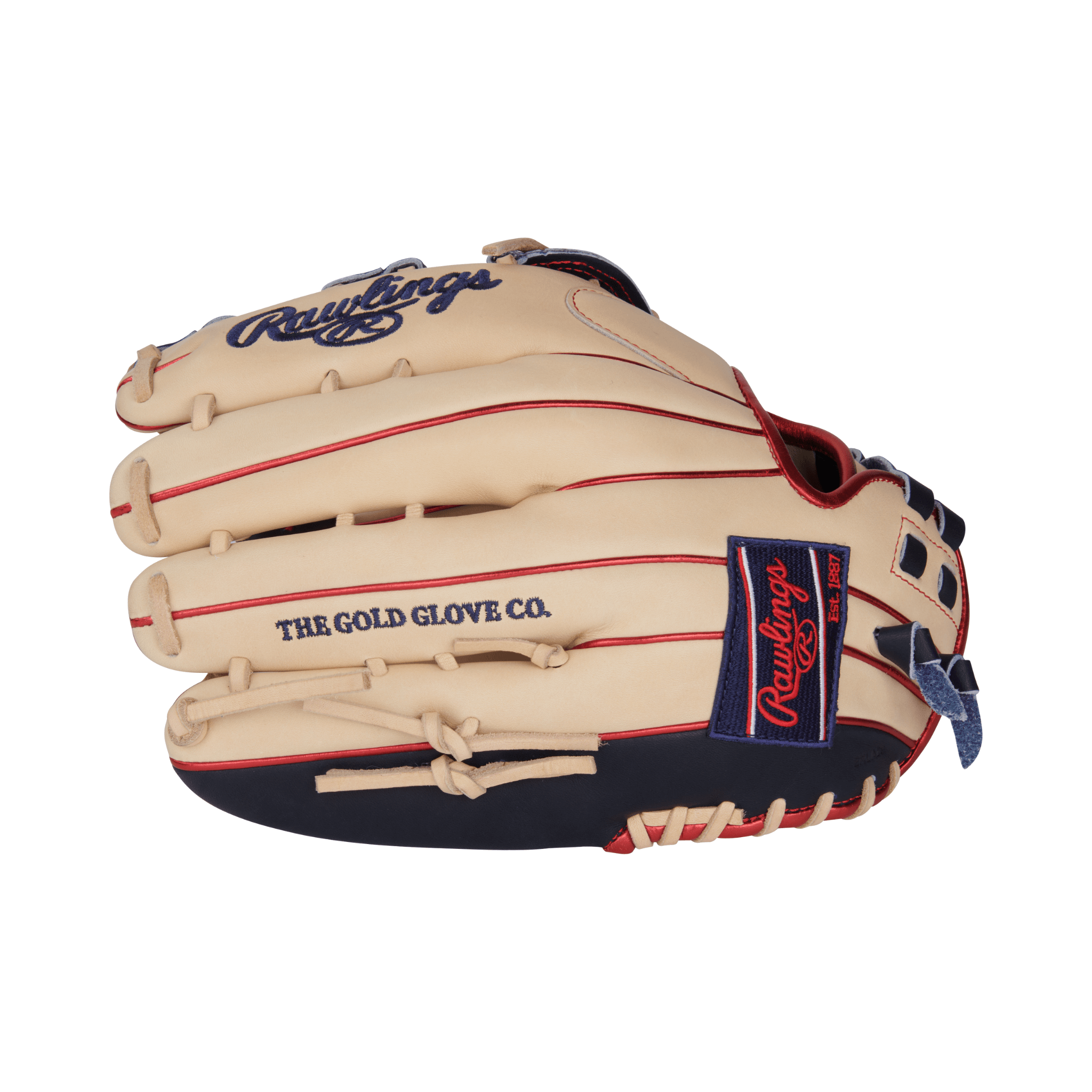 A Rawlings 12.75-inch outfield glove in camel and navy leather, featuring "The Gold Glove Co" stamped in scarlet red.