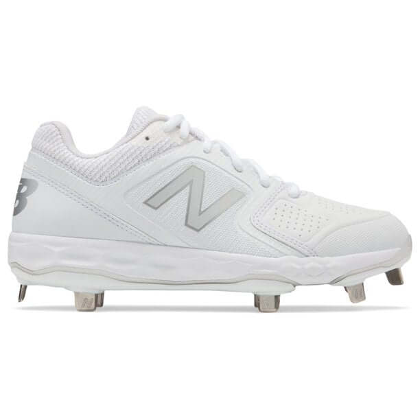 New Balance Women's Fresh Foam Velo 1 softball cleats in white, featuring breathable upper and metal spikes for elite performance.
