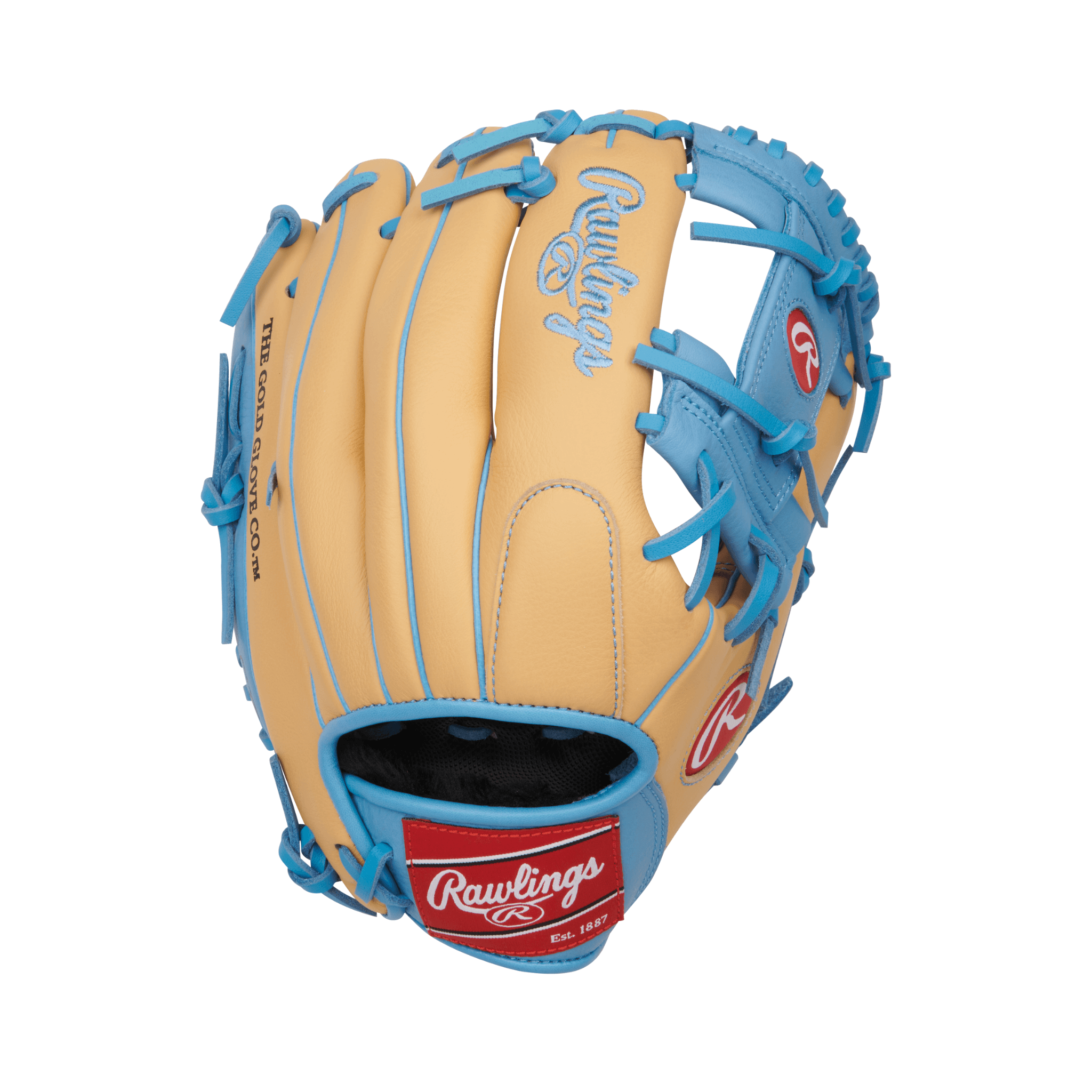 Rawlings Select Pro Lite Series 11.5" baseball glove in tan and blue, designed for youth players to enhance their skills.