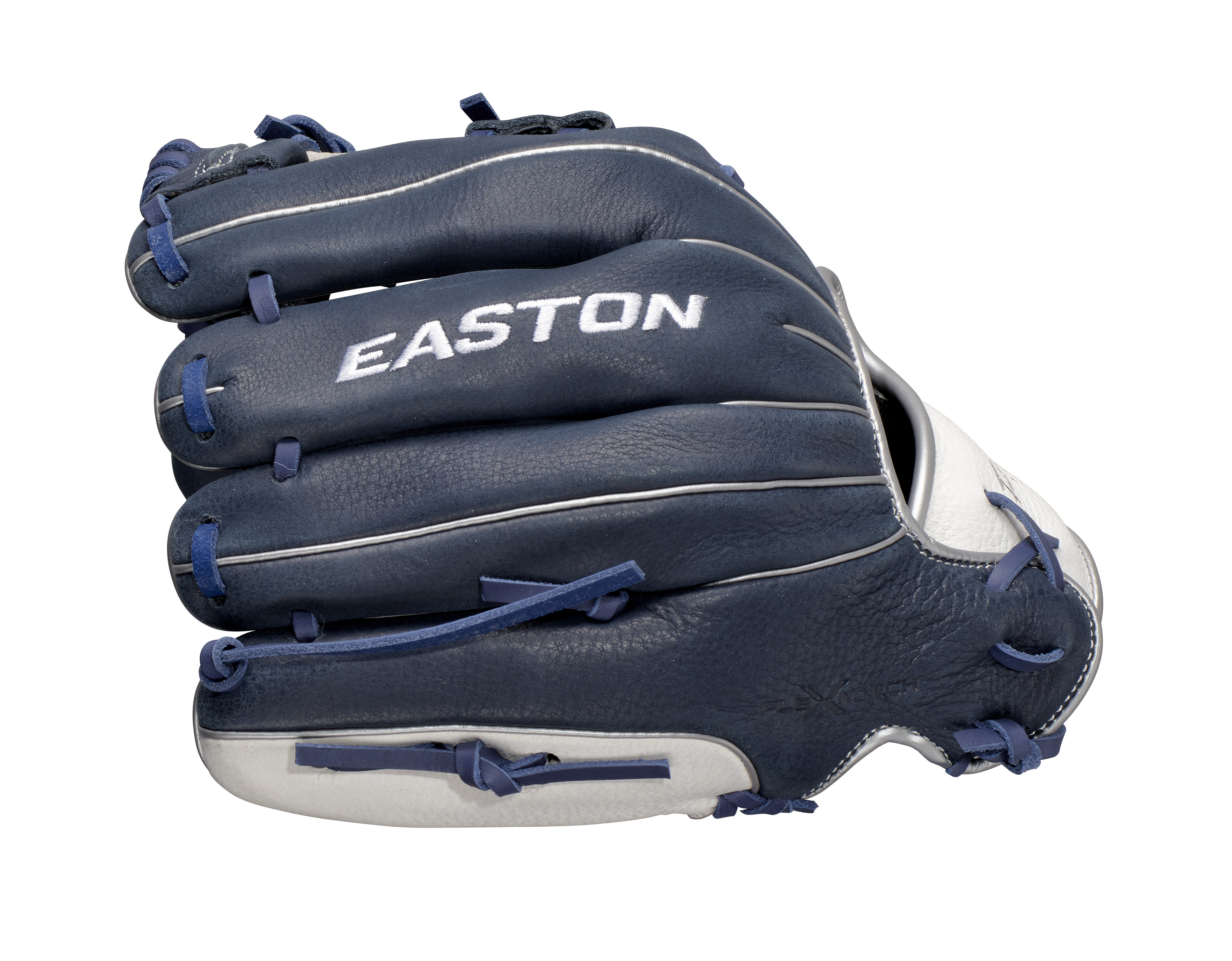 Easton Future Elite 11-Inch Youth Baseball Glove thumb detail showing the navy and white youth glove construction