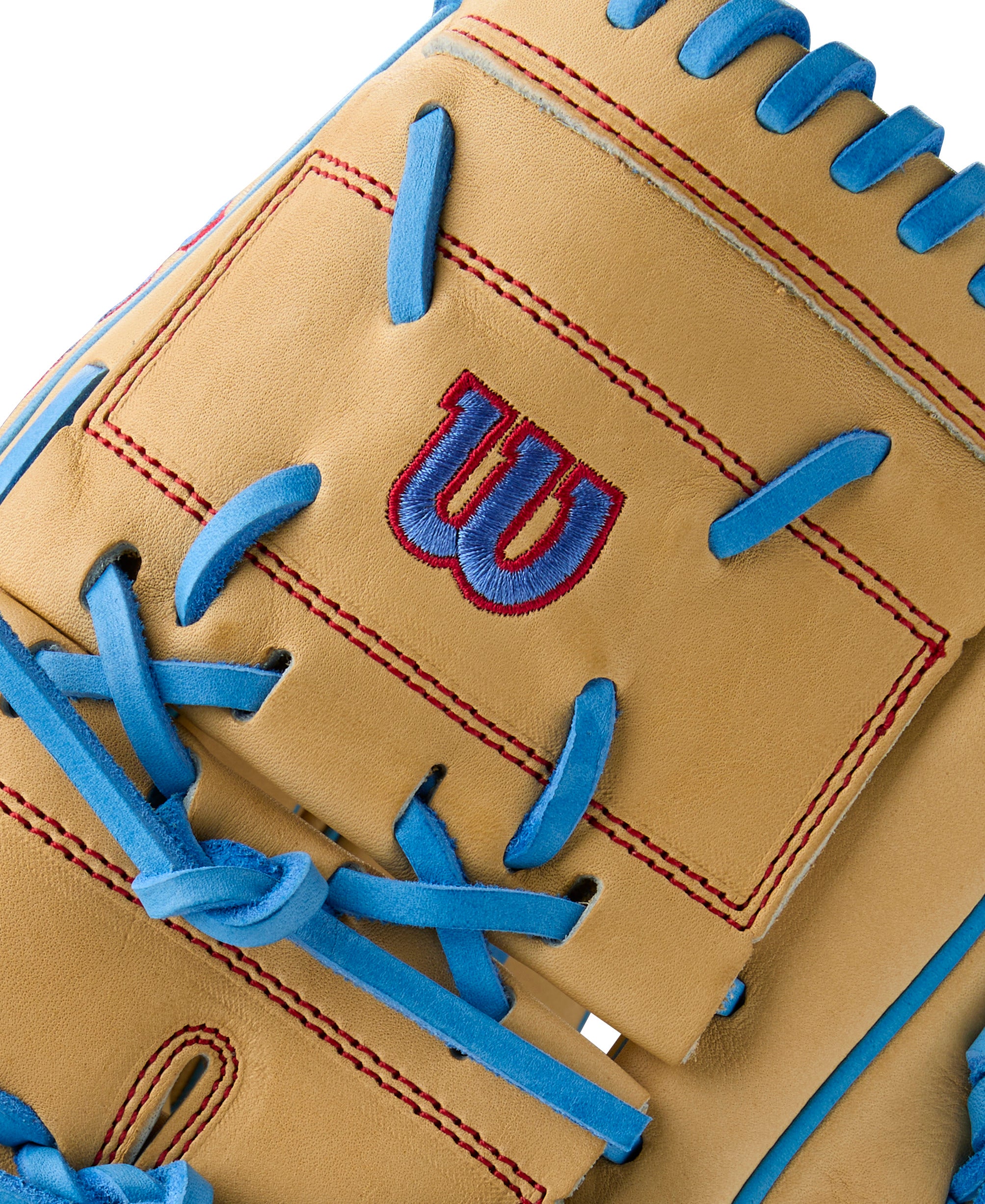 "Close-up of thumb area showcasing durable Blonde Pro Stock® leather and smooth finish for pitcher's use."