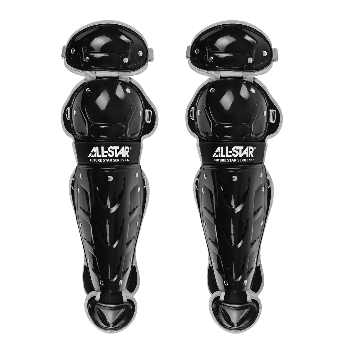 All-Star Future Star™ Catcher's Kit / Baseball Age 9-12 leg guards in black, durable youth catcher's protective gear.