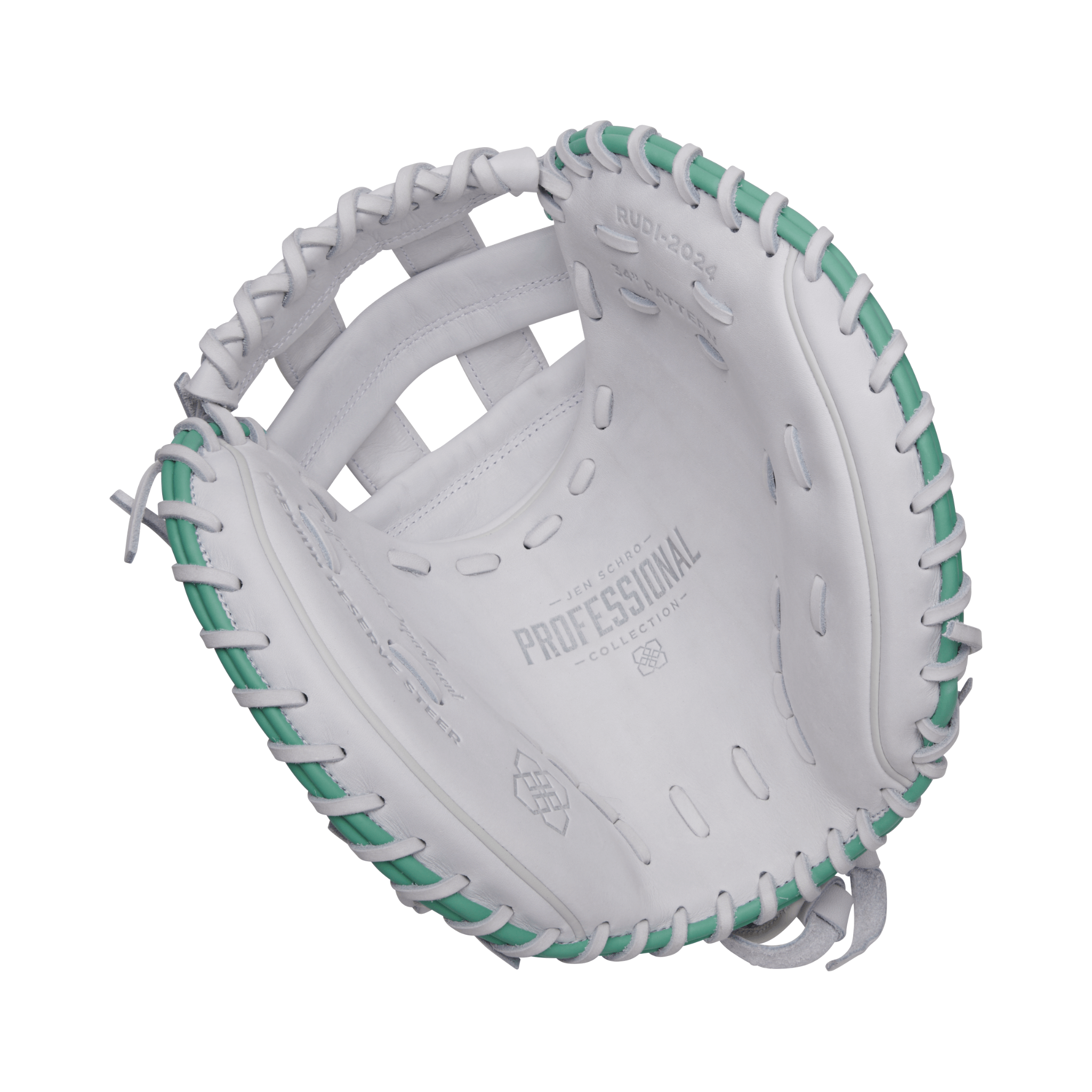 Easton Professional Collections Signature Series Jen Schro Fastpitch Softball Glove interior view with teal and orange details.