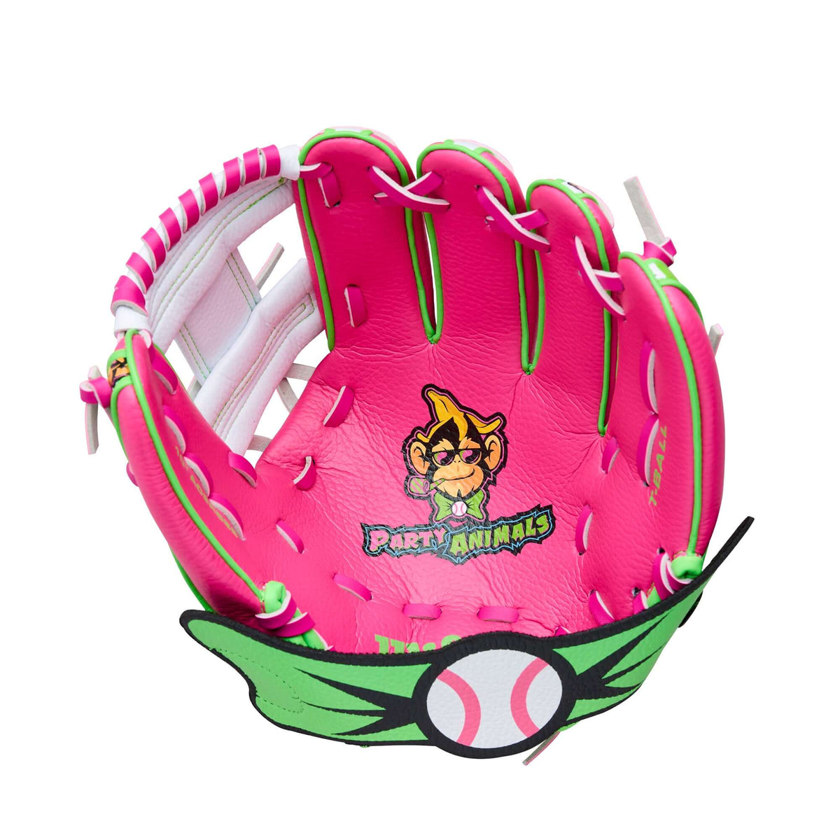 Palm view of Wilson 2026 A200 EZ Catch Party Animals 10” T-Ball Glove LHT in pink with cartoon graphic.