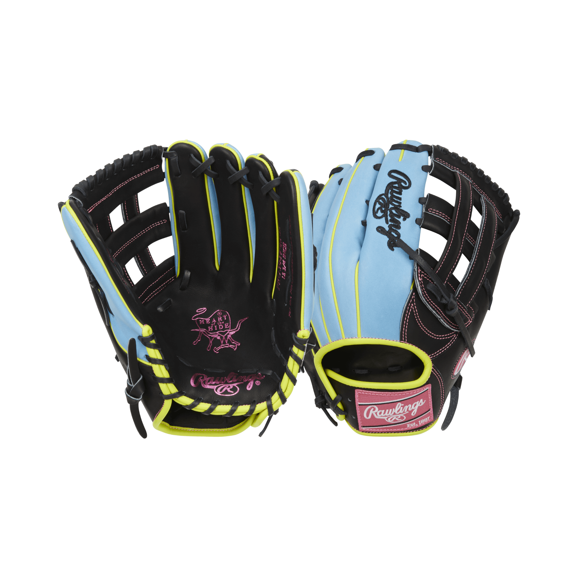 Rawlings Heart of the Hide Color Sync 8.0 Limited Edition 12.75" outfield glove in black and blue with pink accents.