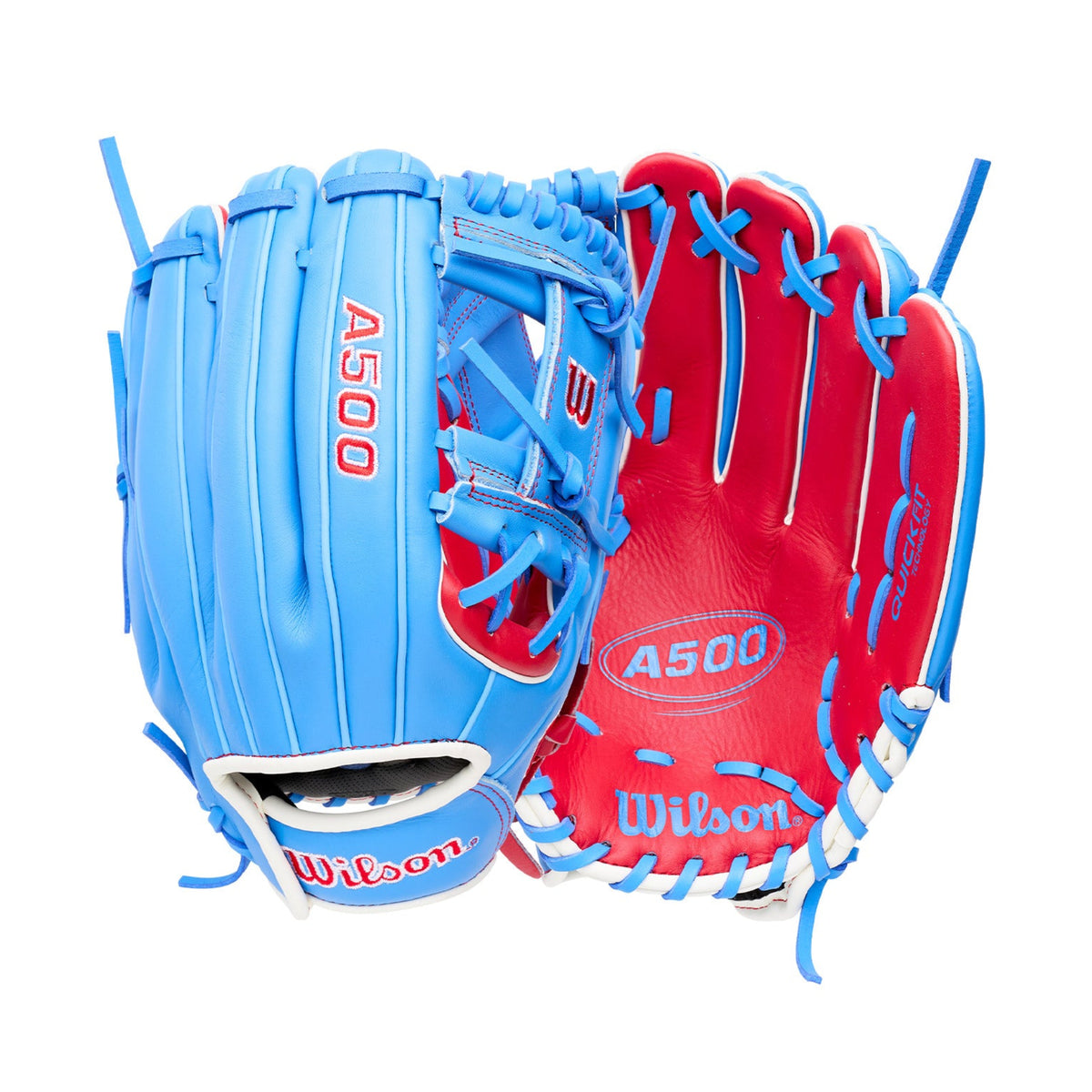 Wilson 2027 A500 11.5 Youth Infield LHT blue and red glove designed for young players ages 6-10, perfect for left-handed throwers.