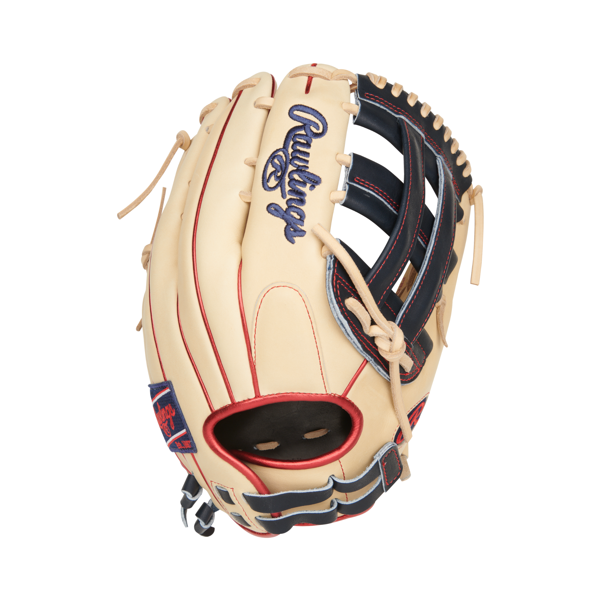 Rawlings 12.75-inch glove in camel and navy leather, highlighted by red and blue stitching, designed for fastpitch softball