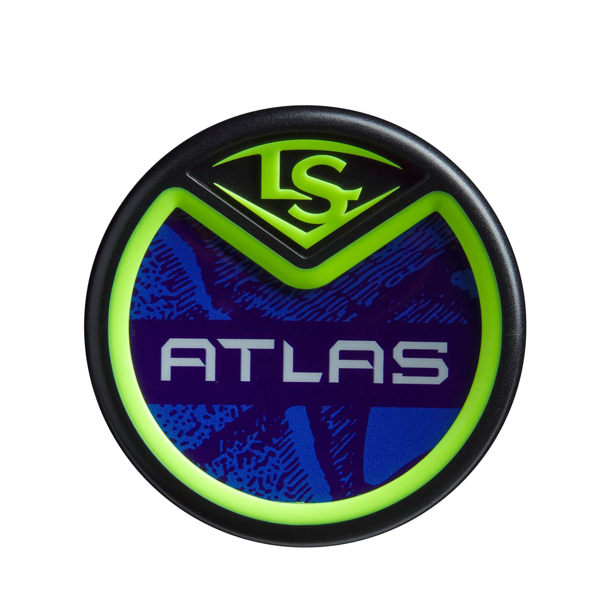Close-up of the 2025 Louisville Slugger Atlas logo in neon colors, showcasing its vibrant design.
