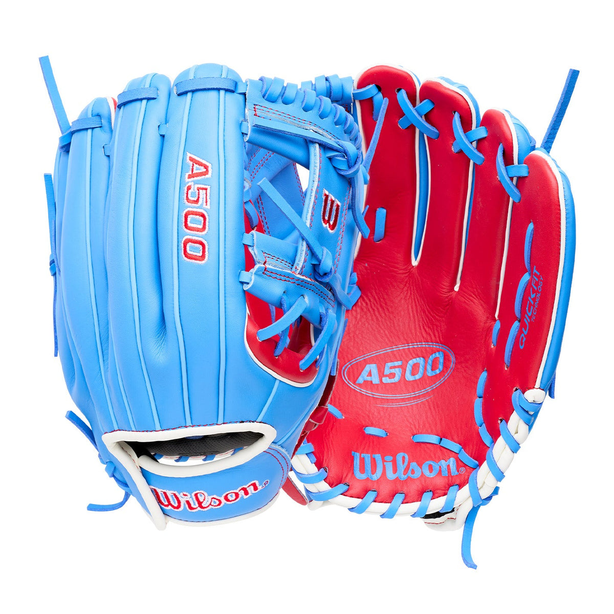 Wilson 2027 A500 11.5 Youth Infield Baseball Glove in blue and red design, ideal for young players ages 6-10.