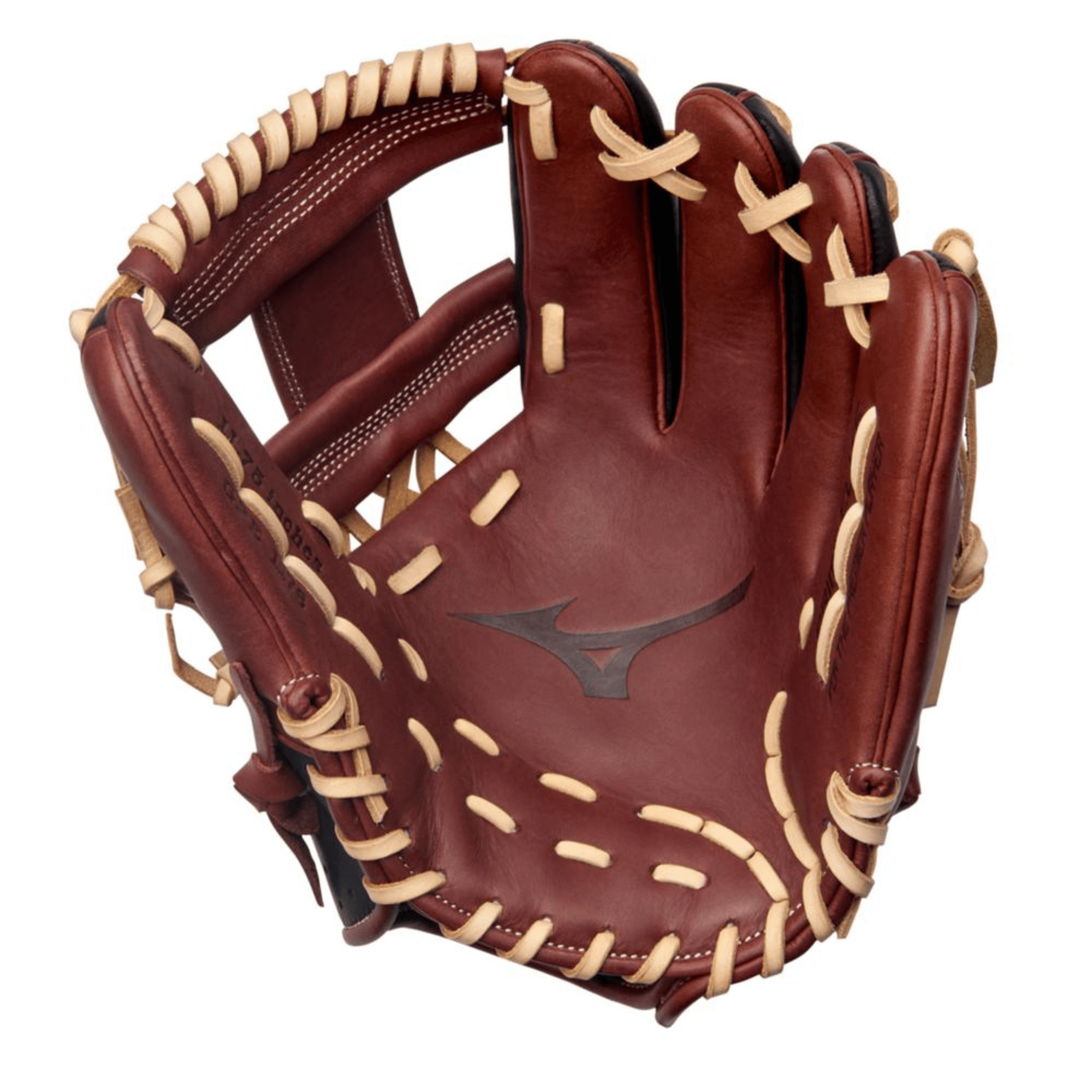 Mizuno GPE1176 Prime Elite 11.75" infield baseball glove in mahogany leather with beige lacing, showcasing UltraSoft Pro Palm Liner.