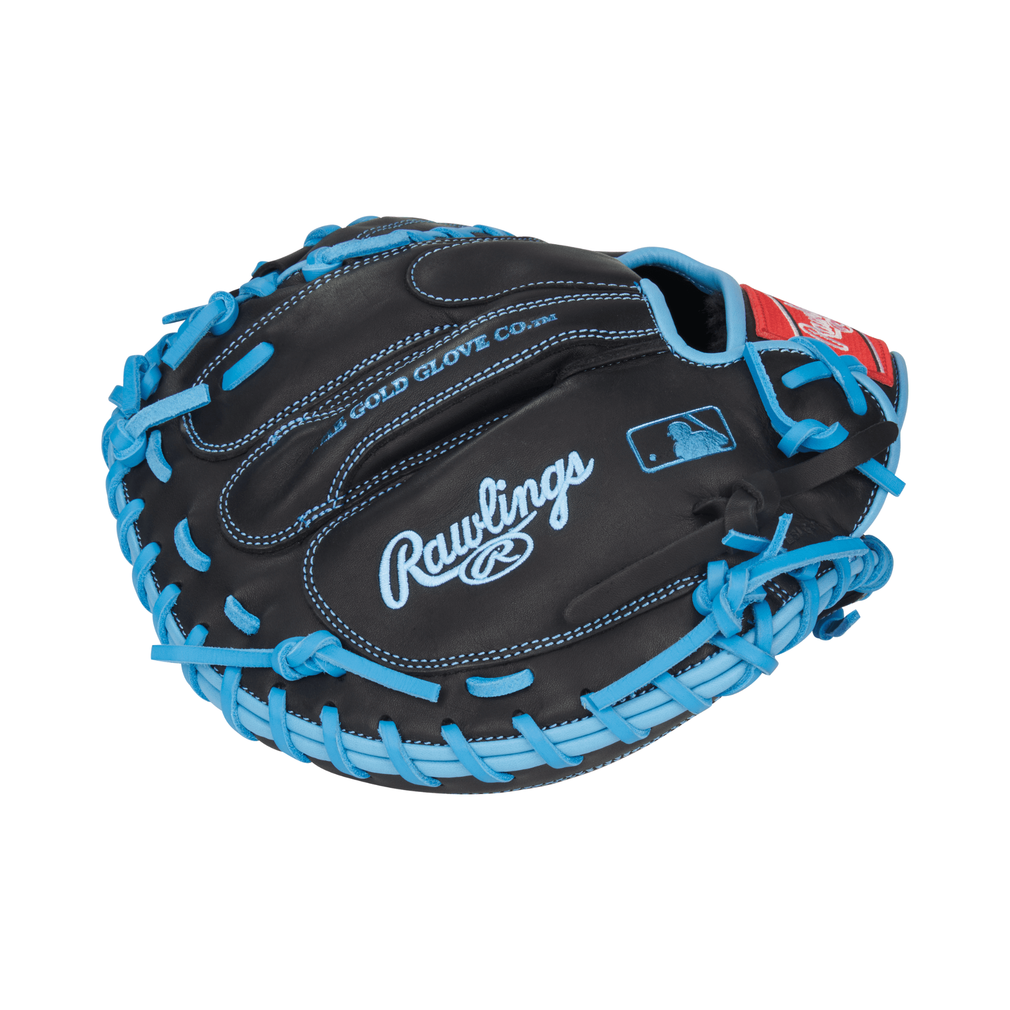 Rawlings R9 Series 32.5" Catcher's Mitt in black and blue, designed for performance and comfort.