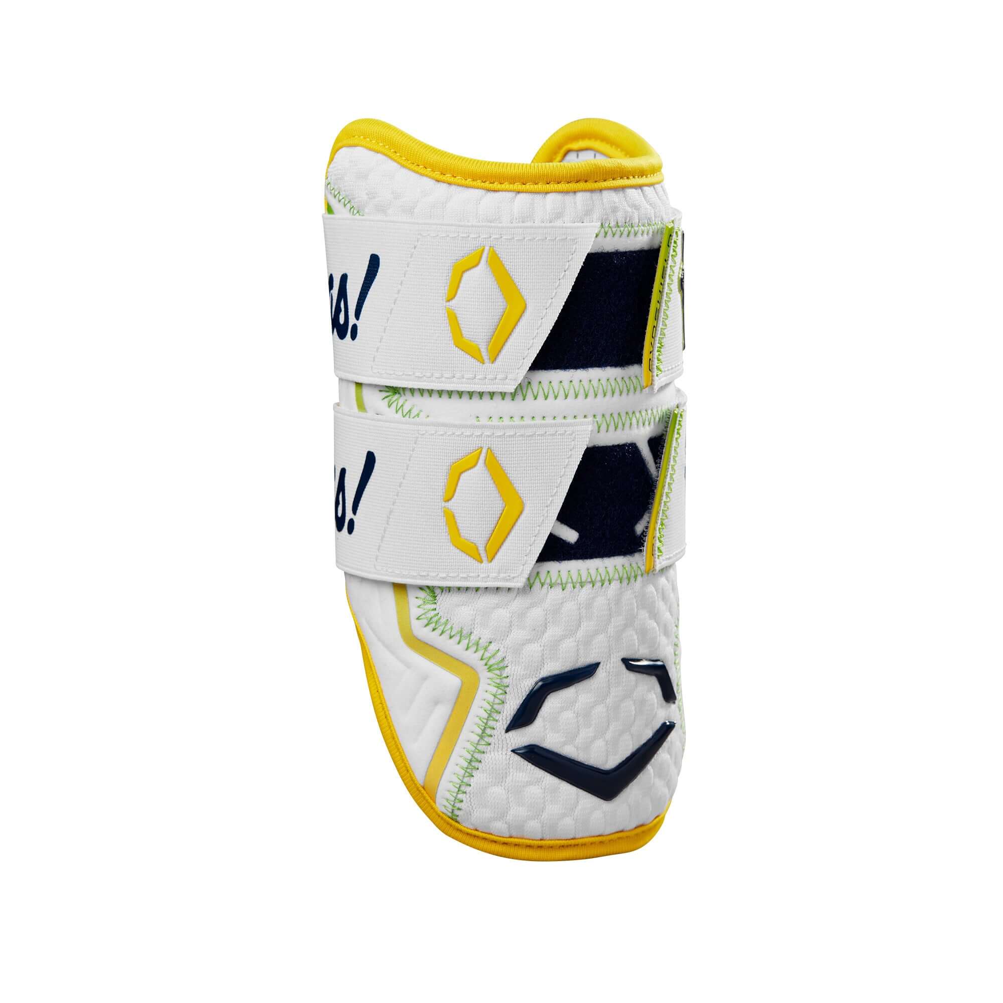 Evoshield X-SRZ Savannah Bananas Double Strap Elbow Guard in white and yellow with Navy accents and Gel-to-Shell technology.