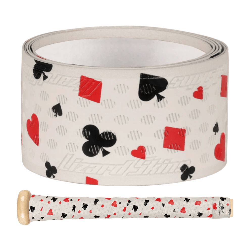 Lizard Skins DSP Ultra Bat Grip in Hold'em White featuring red and black playing card designs for enhanced player style and performance.