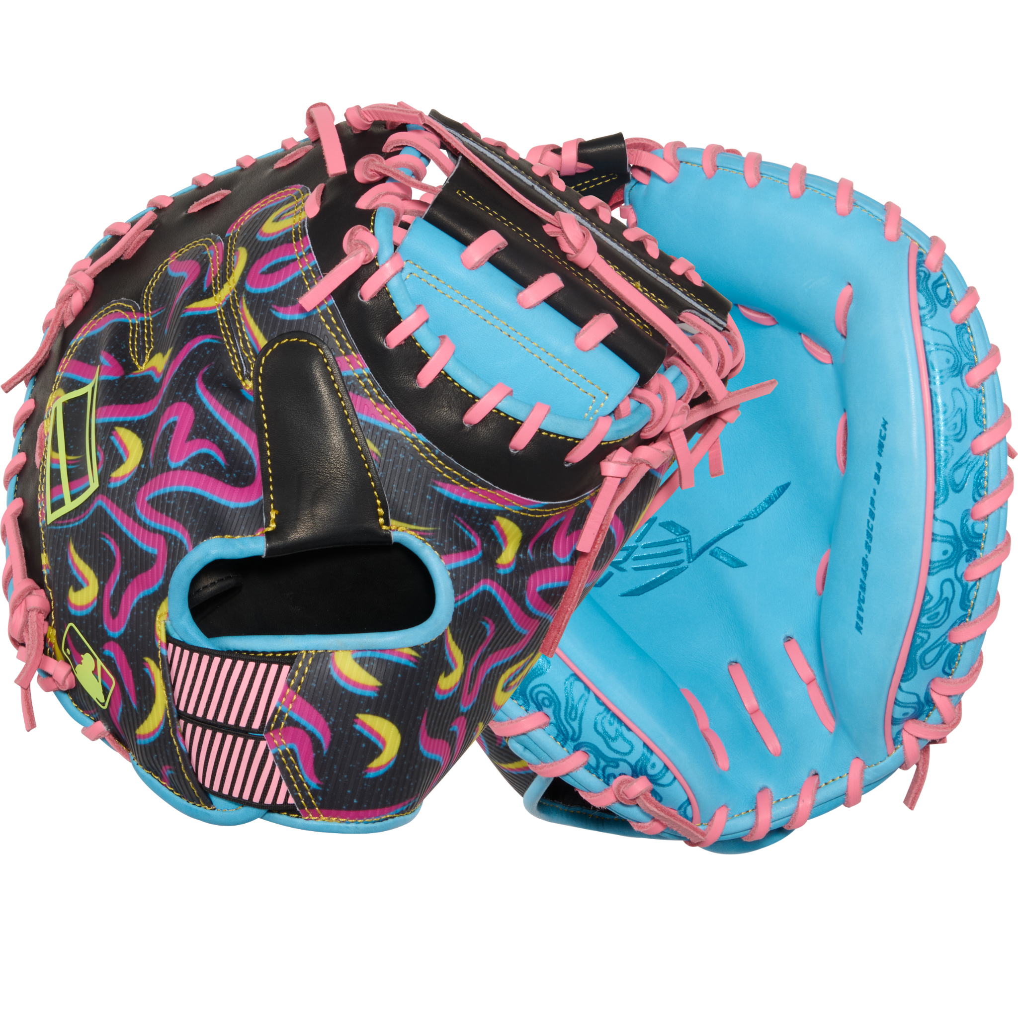 Main image showing back and palm view of the Rawlings REV1X 34" Catcher's Mitt in Columbia Blue/Black.