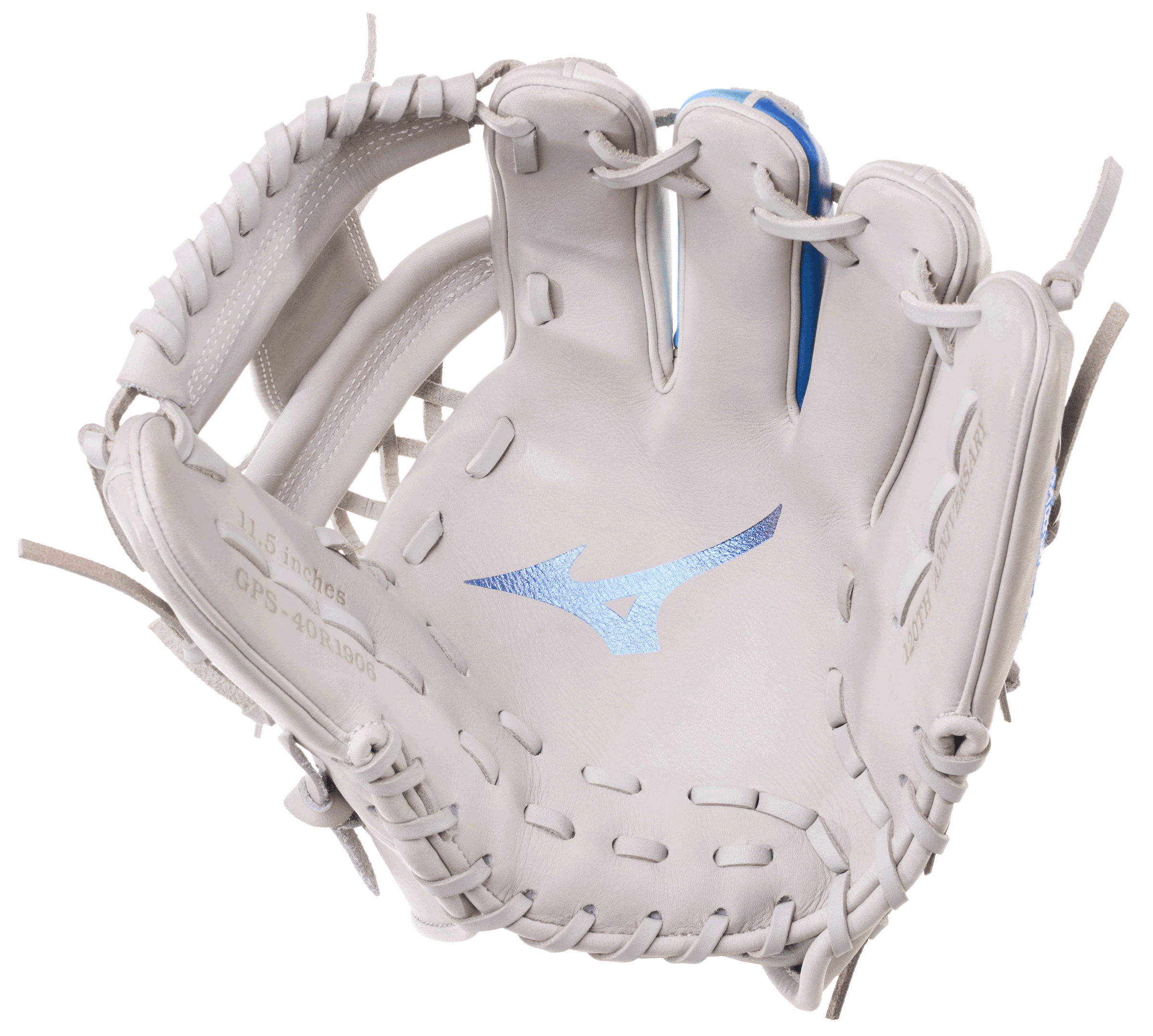 Palm view of Mizuno 120th Anniversary Pro Select 11.5" Baseball Glove with light gray leather and blue logo.
