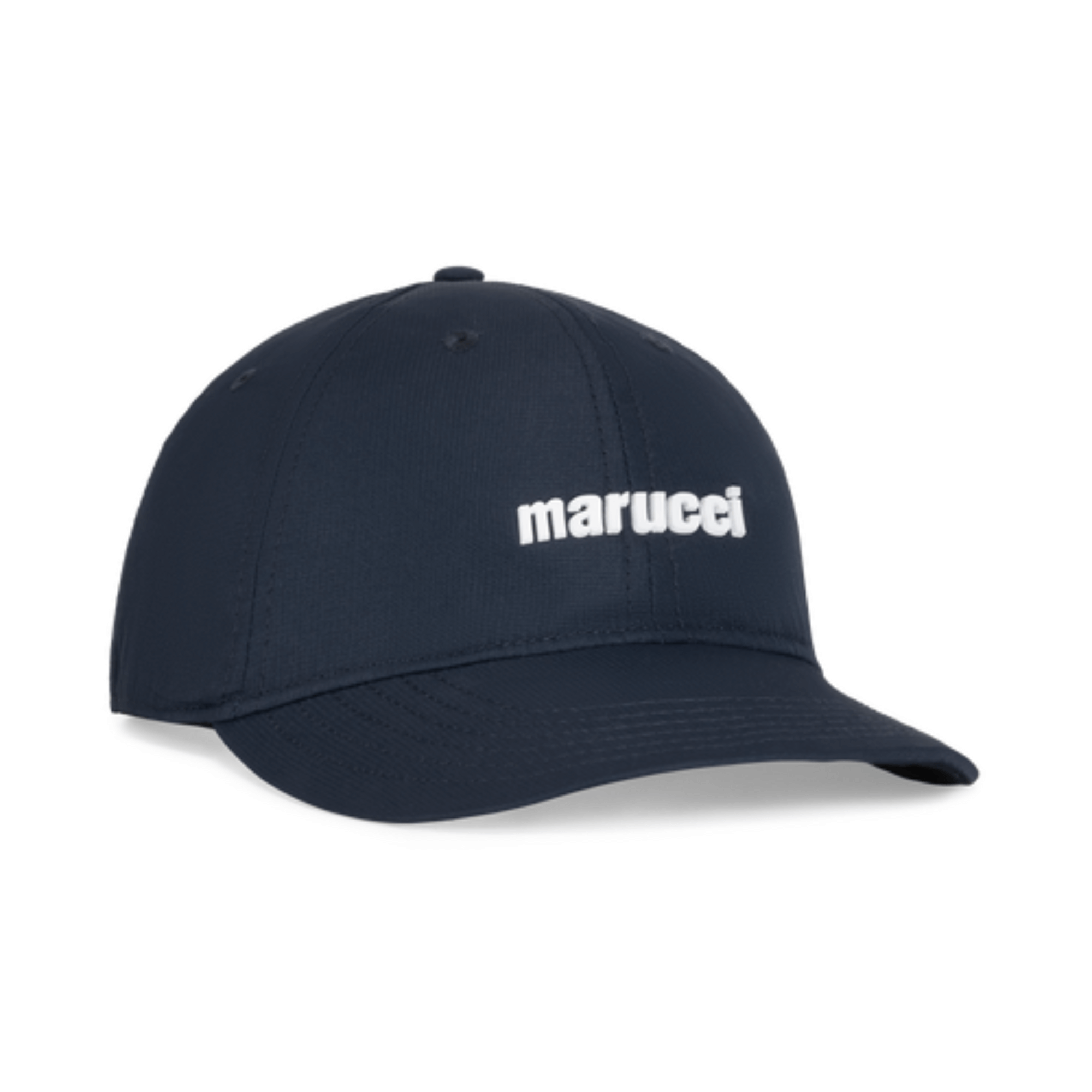 Marucci Adult Unstructured Performance Cap in navy blue with white logo, featuring a moisture-wicking sweatband and adjustable closure.