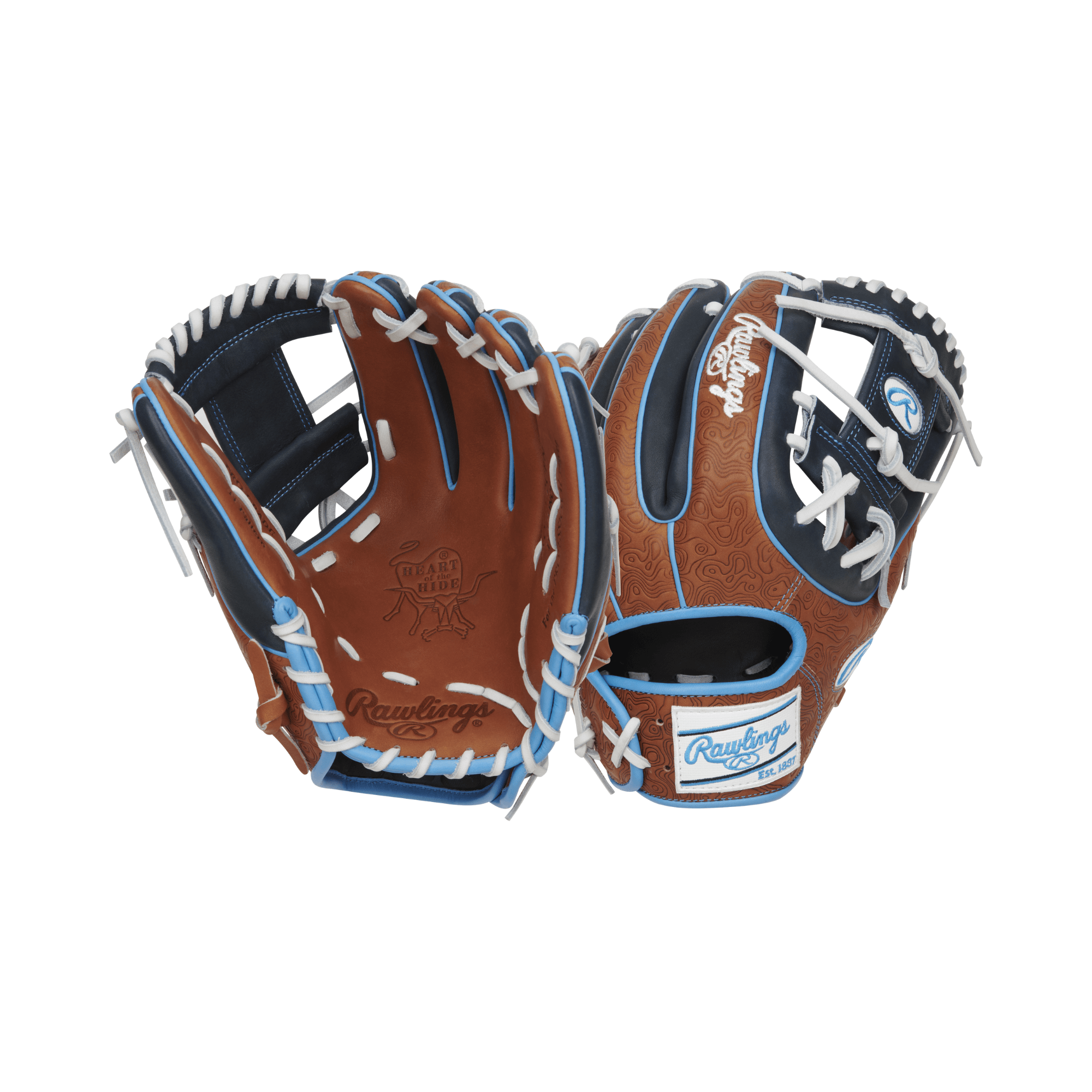 Rawlings Heart Of the Hide Color Sync 8.0 Baseball Glove in brown and blue, featuring geo-print shell stamping and hand-sewn welting.