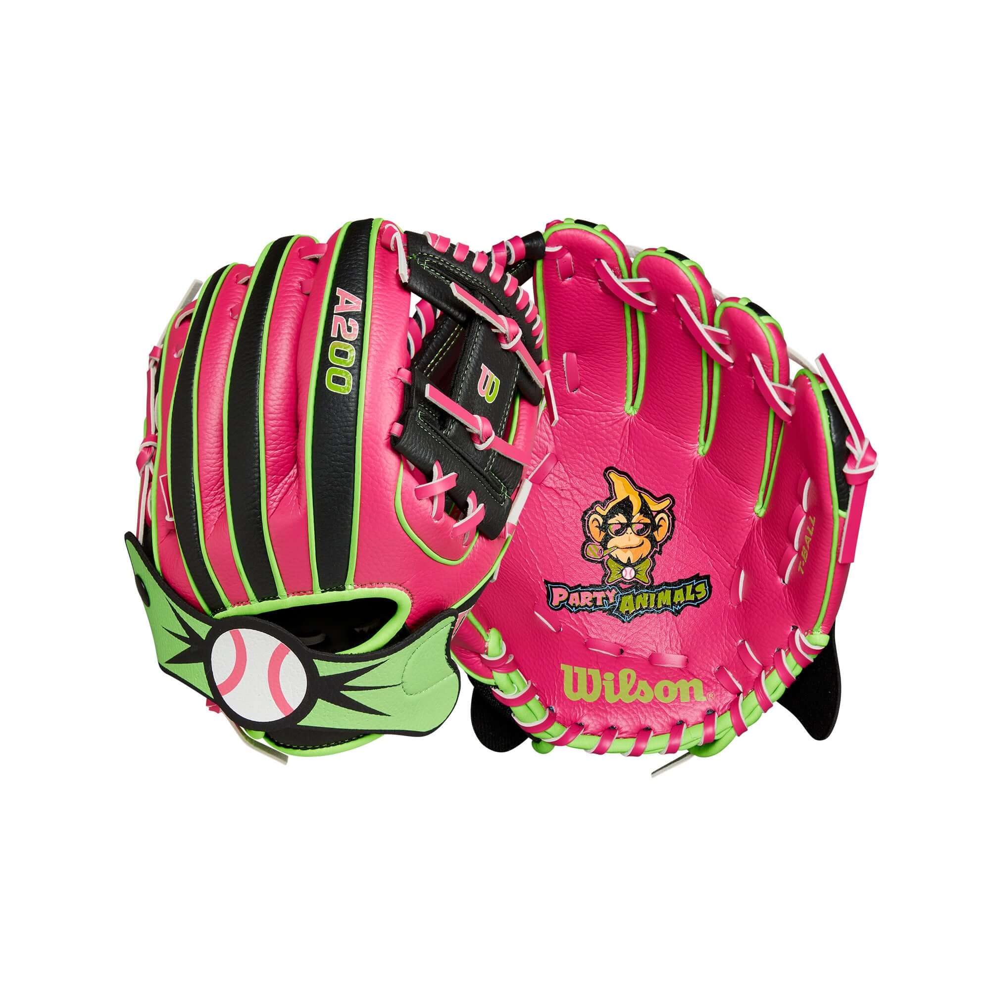 Wilson 2024 A200 Party Animals EZ Catch 10" glove in black and flamingo pink, featuring playful design and colorful accents.
