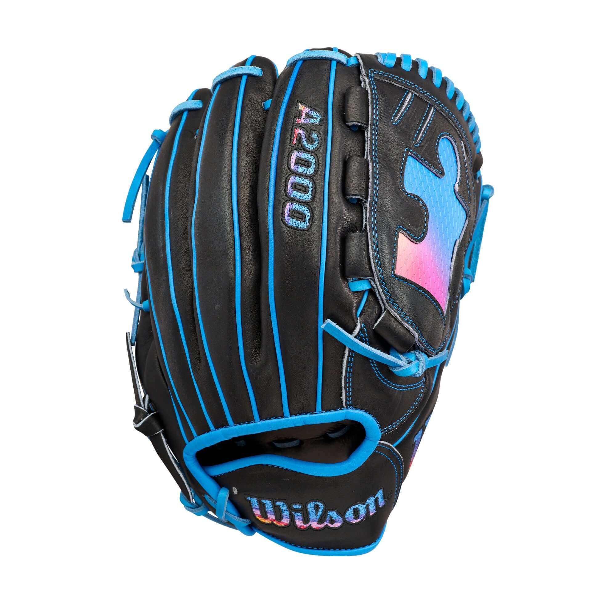 Wilson 2026 Love the Moment A2000 B23 Puzzle Piece 12” Pitcher’s Baseball Glove LHT, backhand view with blue lacing and puzzle design.