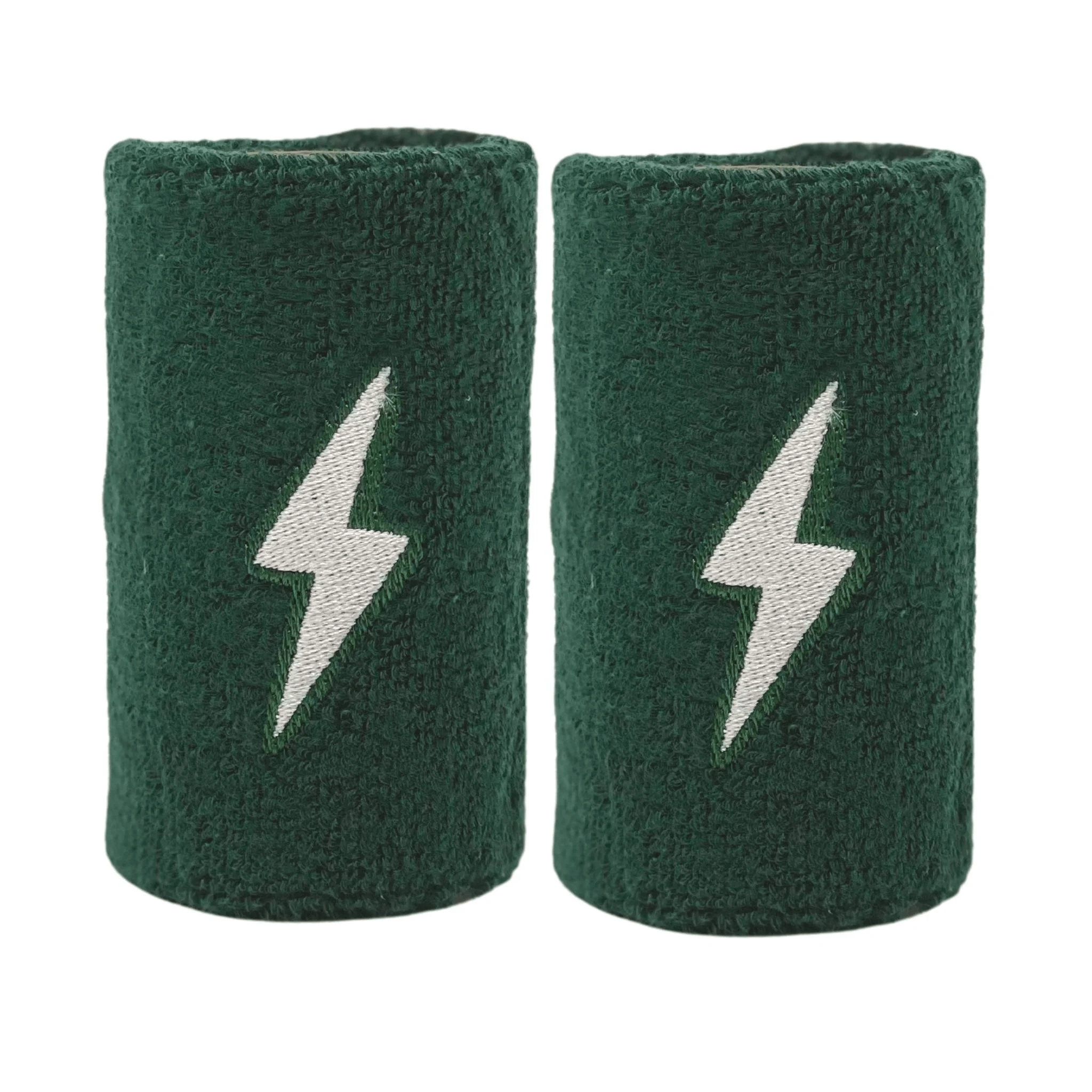 Bruce Bolt Premium Pro Wrist Bands in green terry cloth with white lightning bolt logo, super-absorbent for sweat management.