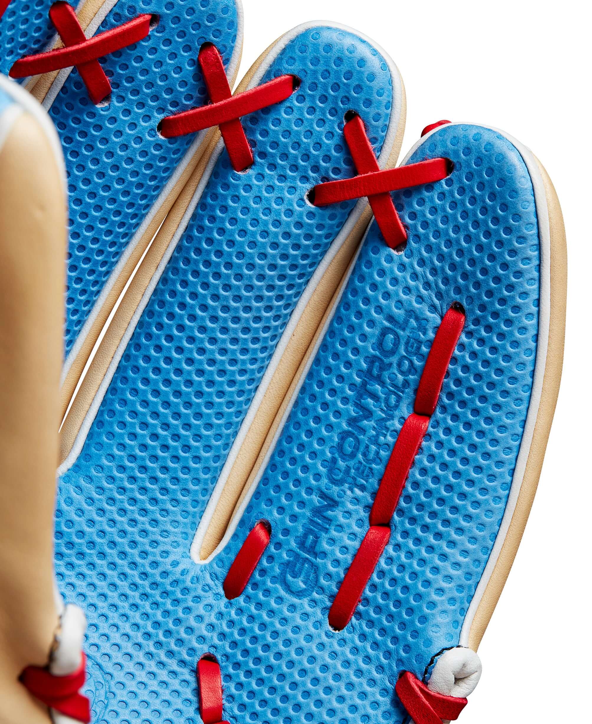 Close-up of the Wilson A2000 Sky Blue palm, showcasing Spin Control Technology and unique textured surface for enhanced grip.