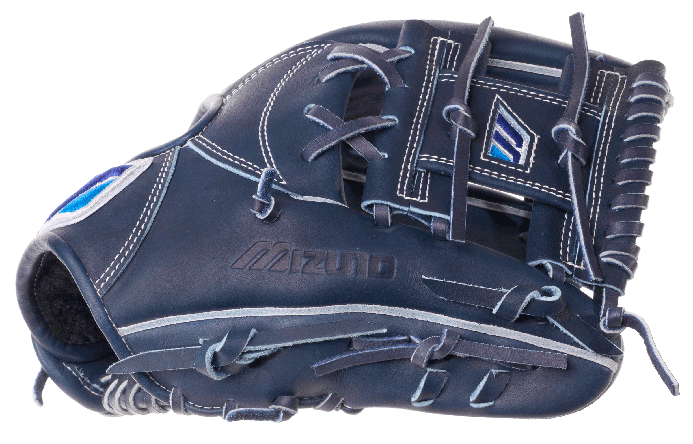 Side view of Mizuno GMP-120MM 120th Monogram M 11.5" Baseball Glove showing blue lacing and H-web.