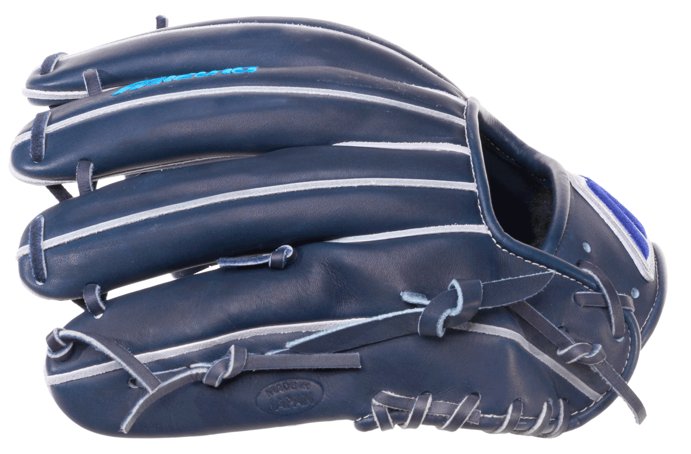 Backhand view of Mizuno GMP-120MM 120th Monogram M 11.5" Baseball Glove in navy with white lacing and stitching.