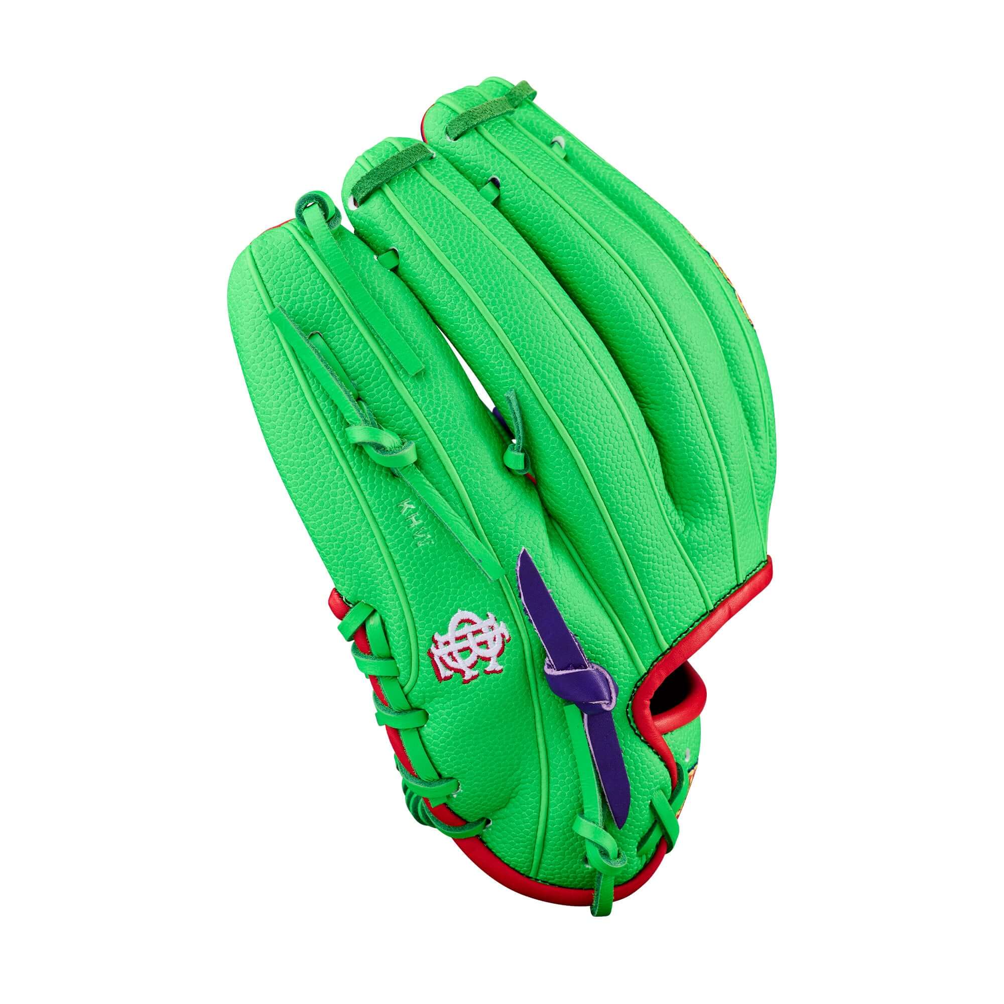Backhand view of Wilson Swingin’ Sour Apple A2000 1786 11.5" Infield Baseball Glove in green.