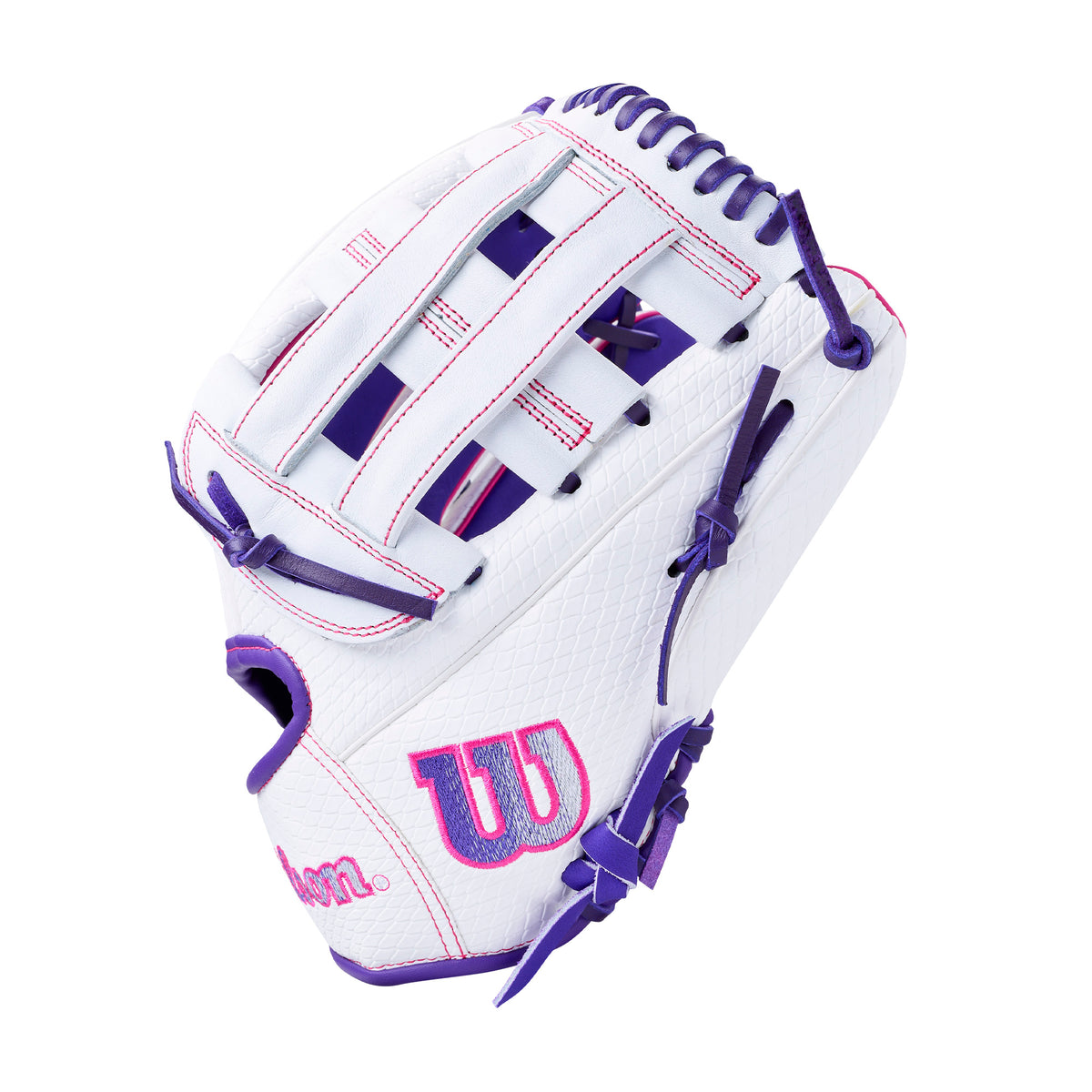 Wilson 2027 A1000 FP1712SS 12” Utility Fastpitch Softball Glove in white with purple laces and logo, suitable for infield and outfield.