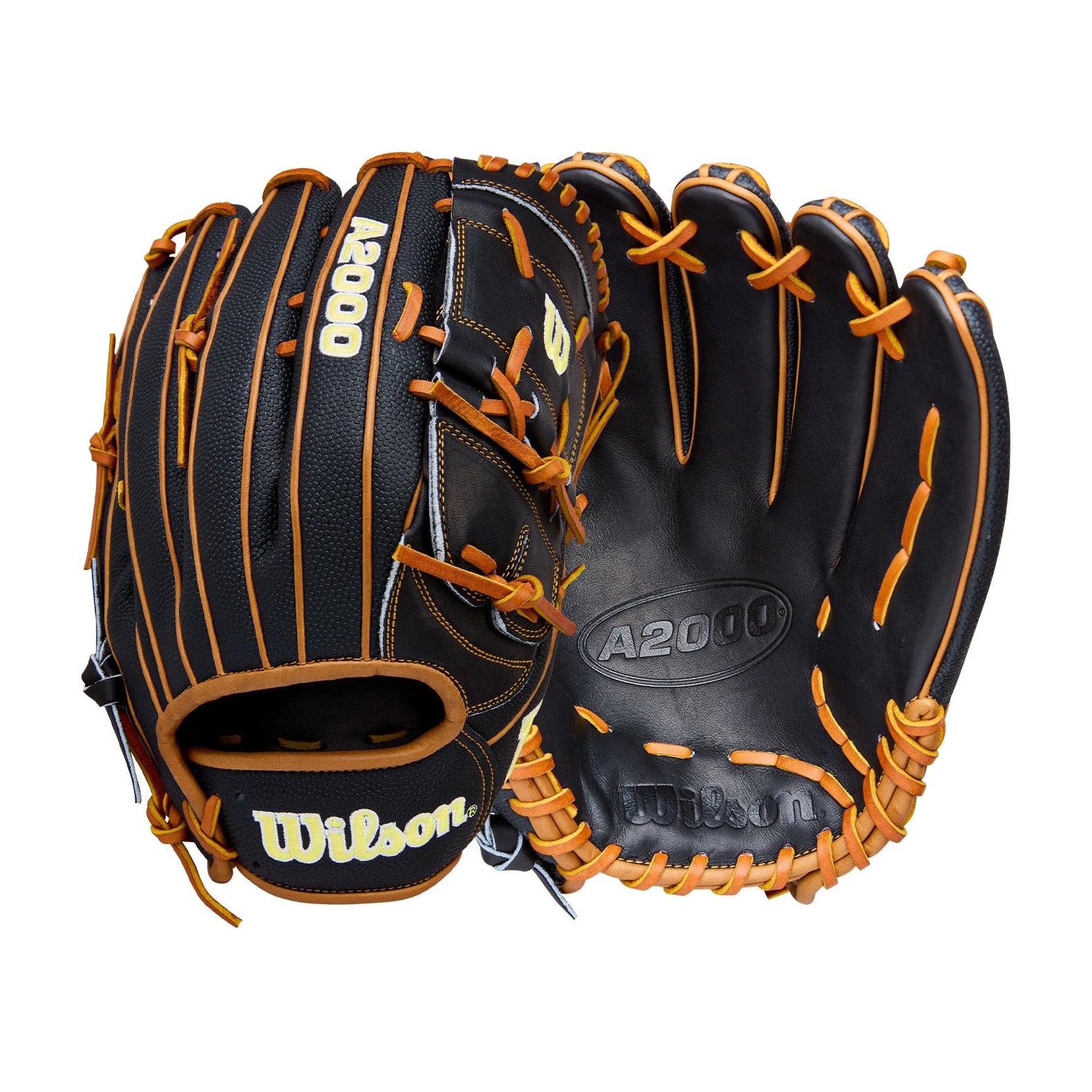 Wilson 2026 A2000 Classics Series B125SS 12.5” Pitcher Baseball Glove showcasing black leather with orange lace accents.