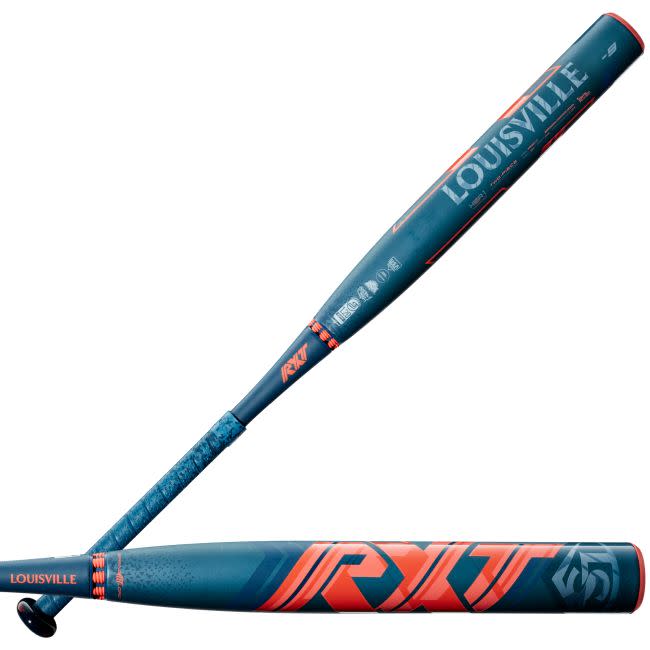 Side profile of Louisville FP RXT (-9) bat in blue and red with visible graphics and weight stamp.
