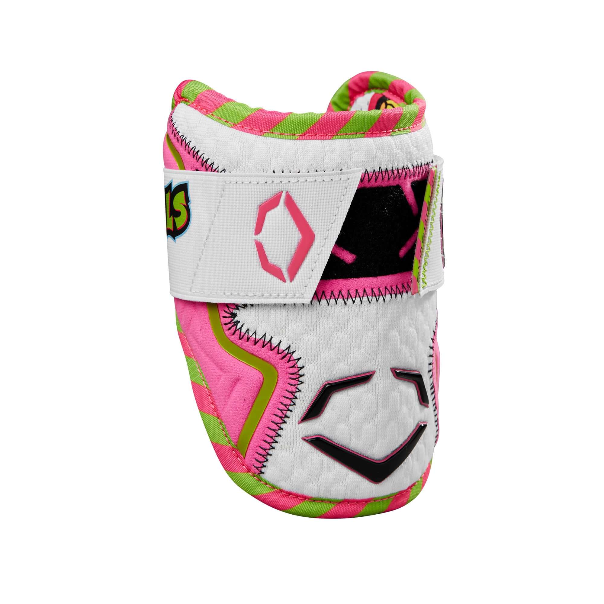 Evoshield X-SRZ Party Animals Elbow Guard in vibrant neon pink, green, and white with adjustable strap.