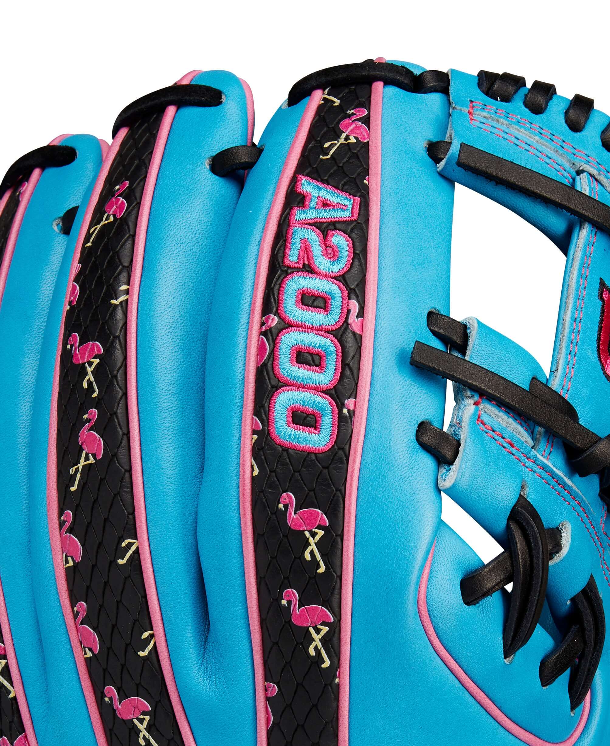 A2000 1786 glove features Tropical Blue leather with pink flamingo design and Black SuperSnakeSkin accents. Ideal for middle infielders.