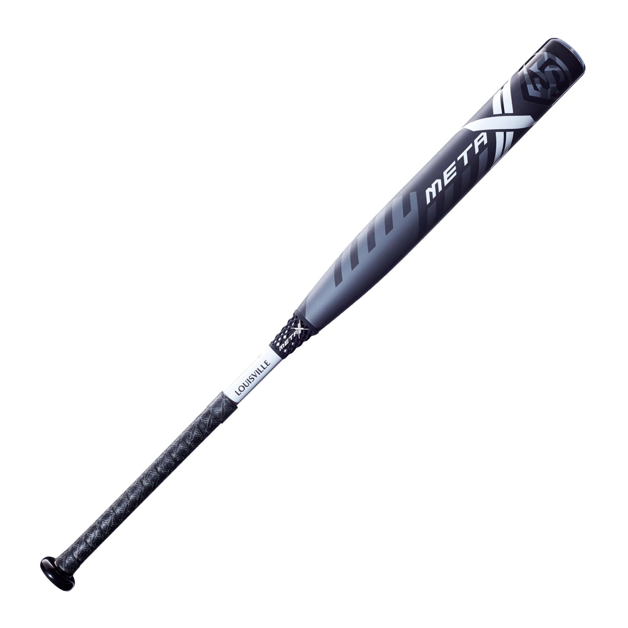 Louisville Slugger Meta (-10) Fastpitch Bat side profile, featuring black and gray barrel with white graphics.
