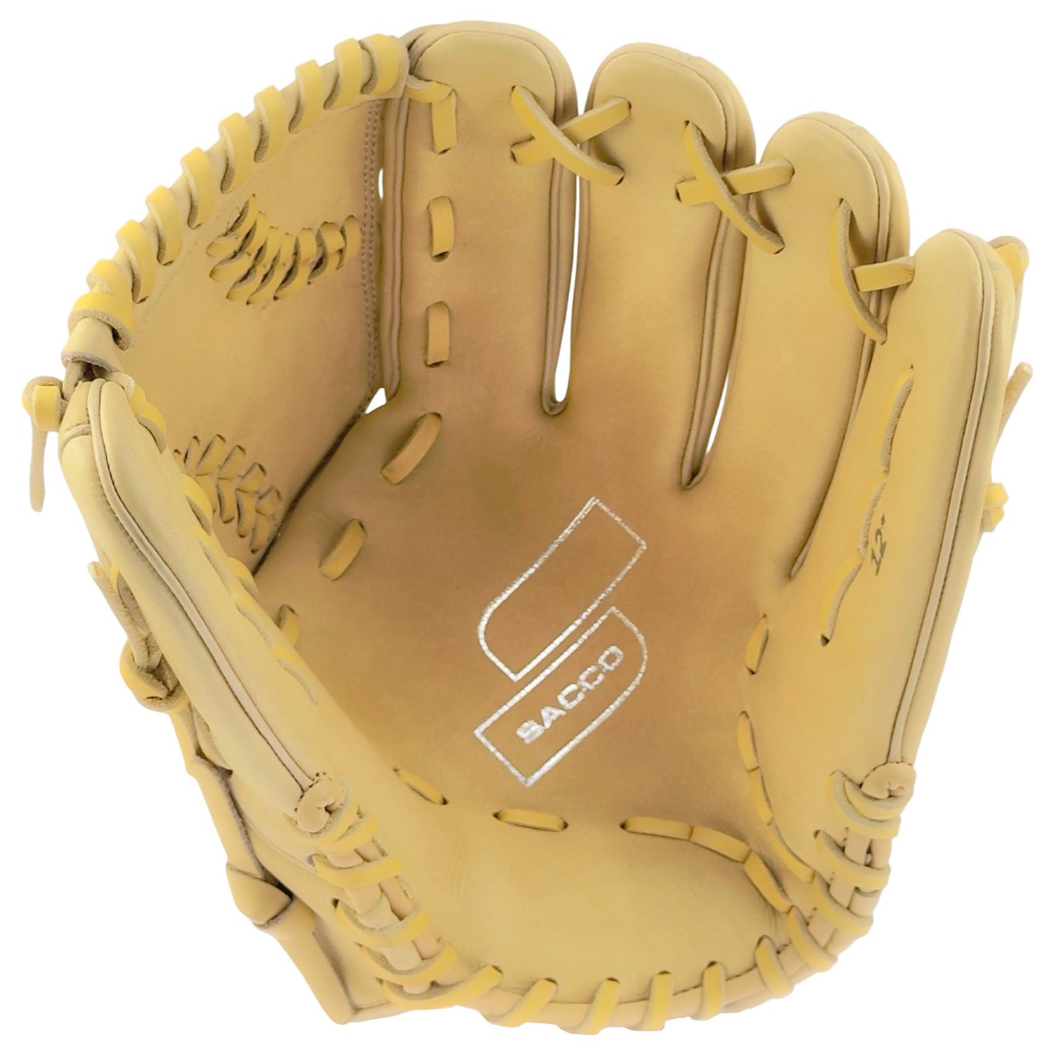 Sacco Ultra Premium Steer Hide Camel-Black Seams 12" Pitcher's Glove, high-quality baseball mitt in camel, front view